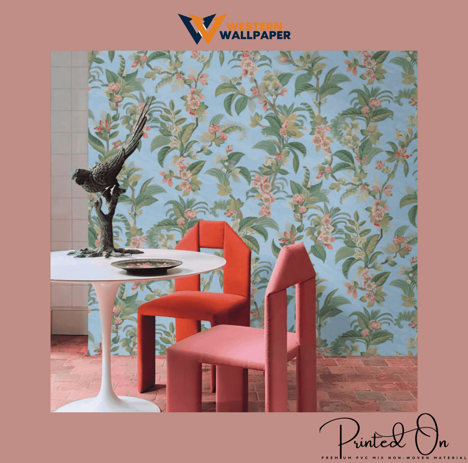EXOTIC BOTANICAL PARADISE WALLPAPER IN SKY BLUE AND CORAL