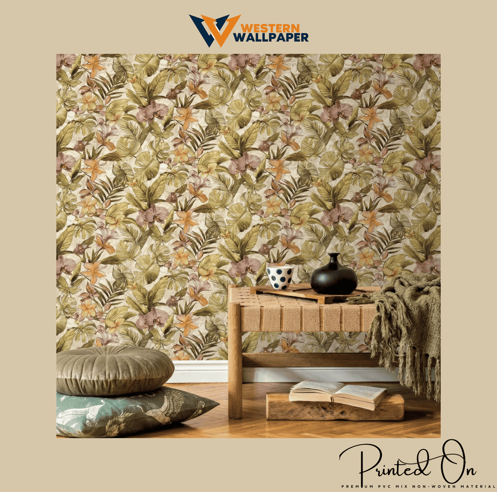 LUSH TROPICAL BOTANICAL WALLPAPER IN CHAMPAGNE AND MOSS