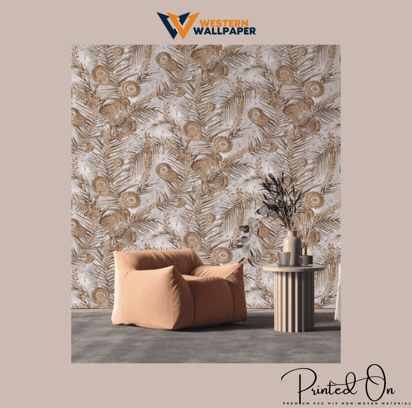 REGAL PEACOCK PLUME WALLPAPER IN OCHRE AND ASH