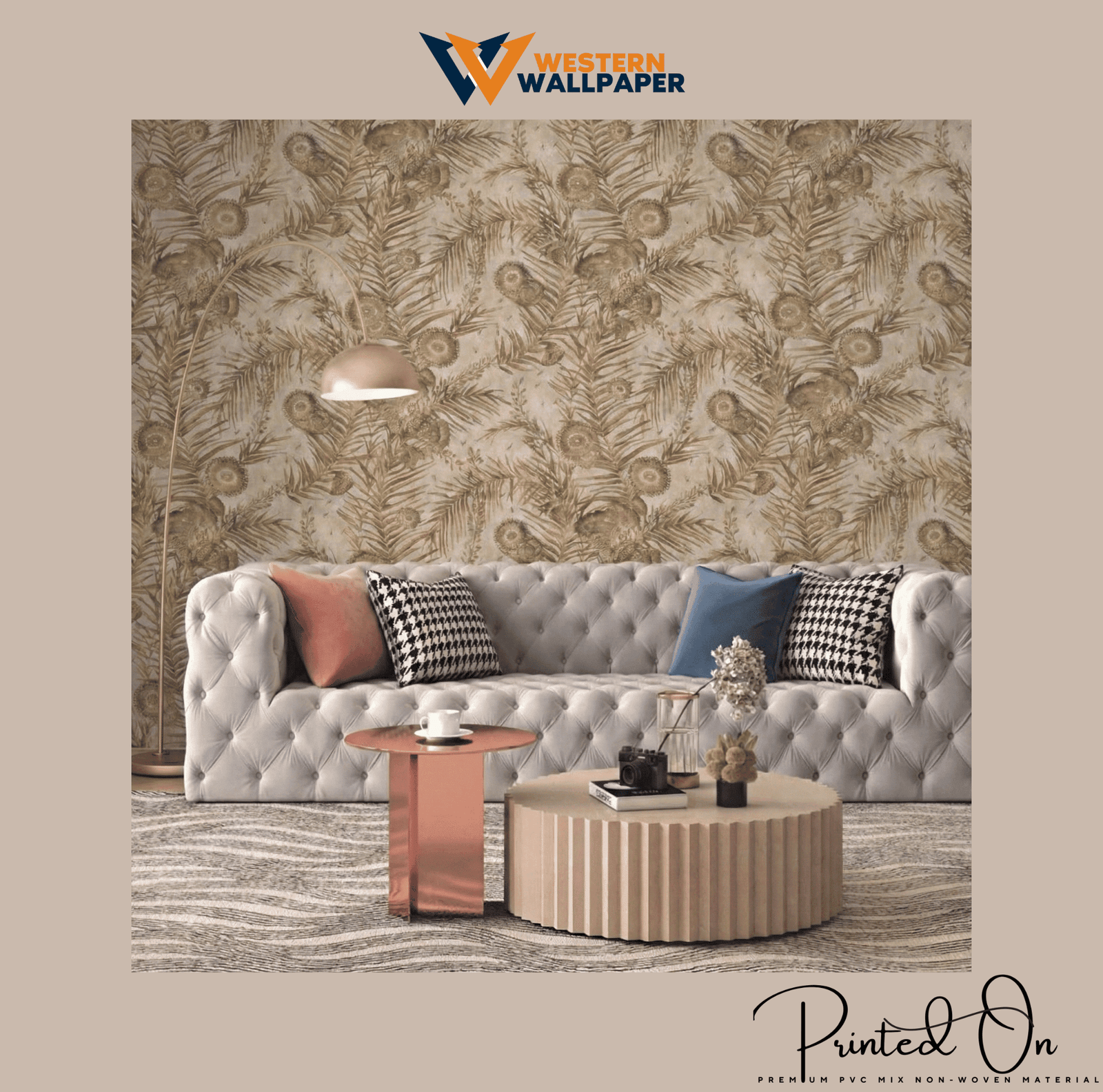 REGAL PEACOCK PLUME WALLPAPER IN SAND AND SEPIA