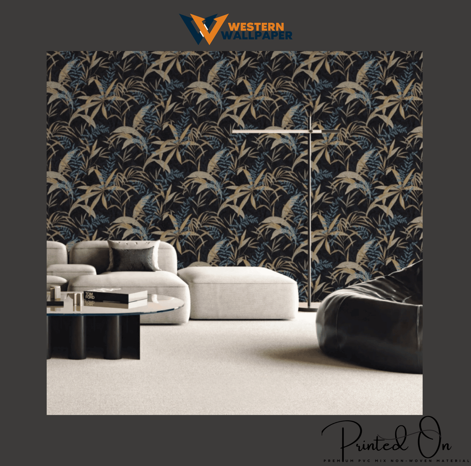 MIDNIGHT TROPICAL FERN WALLPAPER IN CHARCOAL AND GOLD