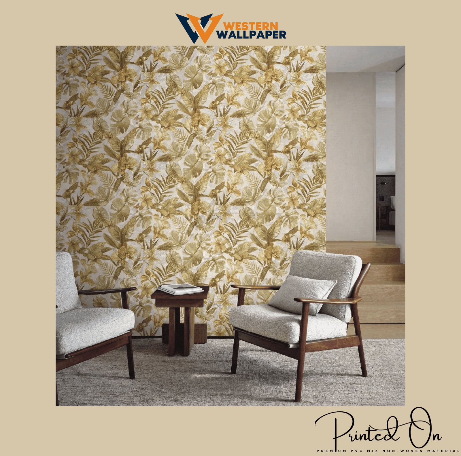LUSH TROPICAL BOTANICAL WALLPAPER IN GOLD AND SAND