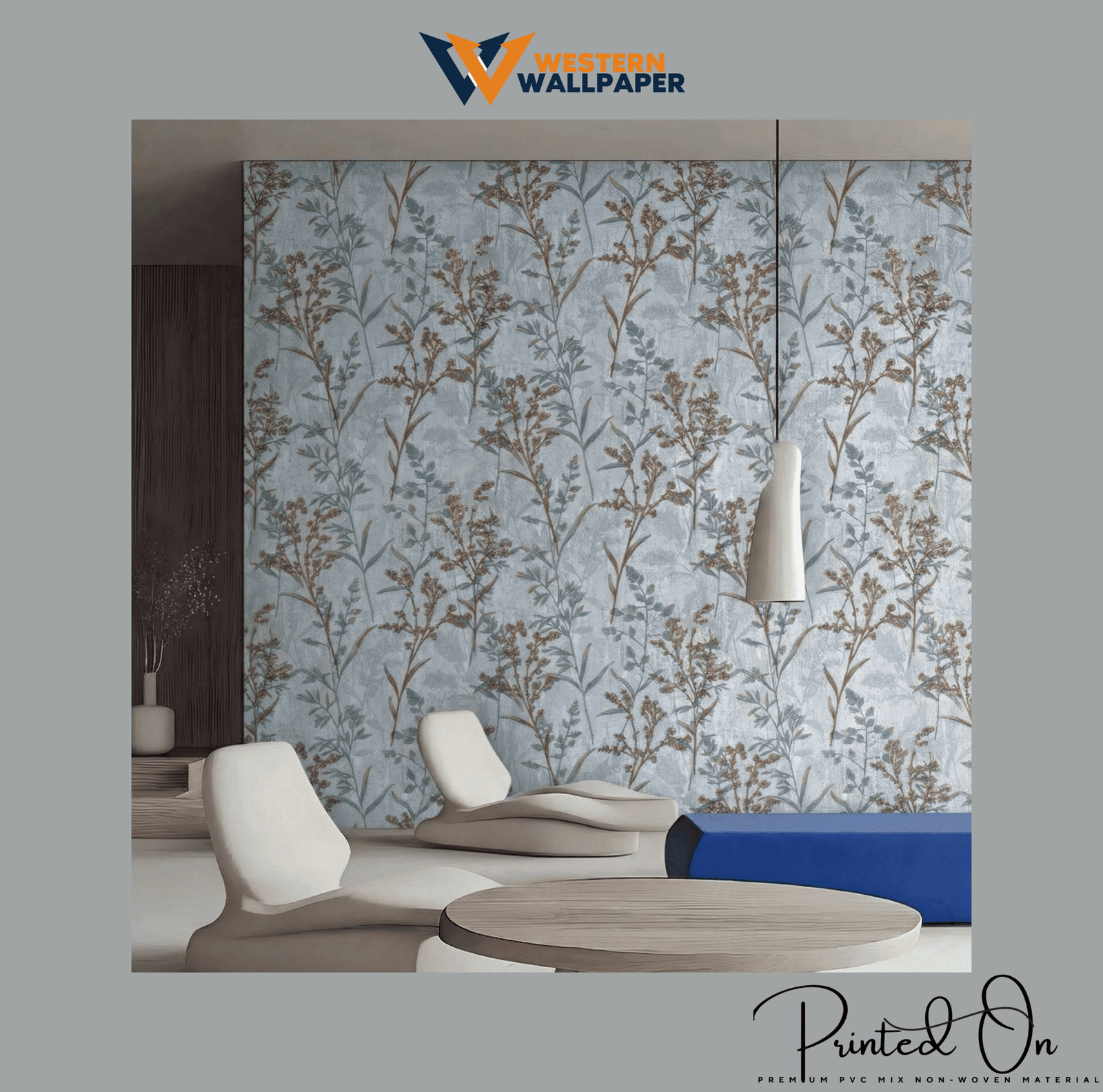 MINIMALIST MEADOW WALLPAPER IN PERIWINKLE AND GOLD