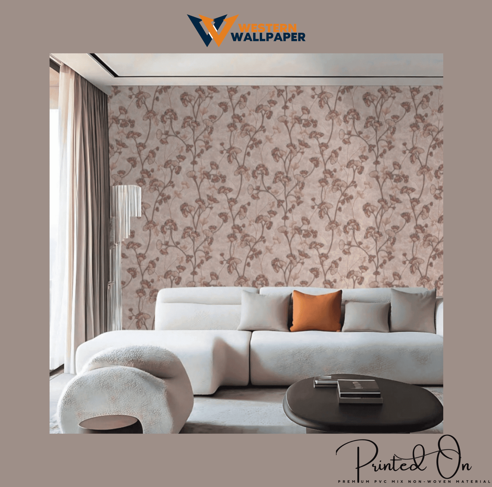 WHIMSICAL FEATHERED VINE WALLPAPER IN CORAL AND DUSTY ROSE