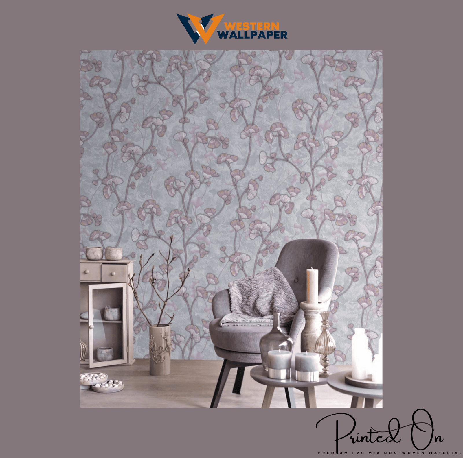 WHIMSICAL FEATHERED VINE WALLPAPER IN LAVENDER AND SILVER
