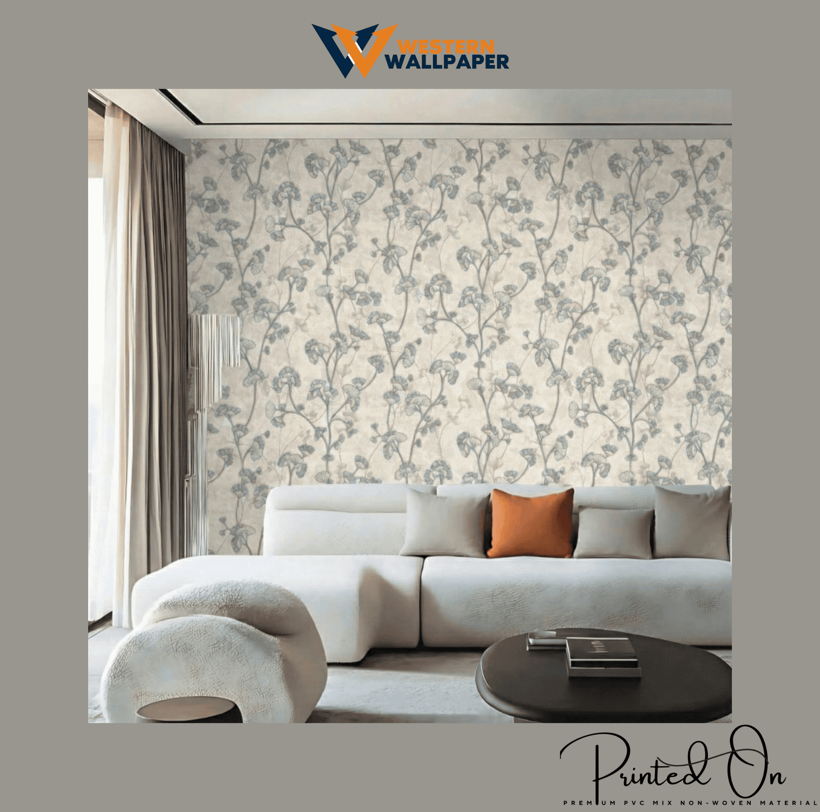 WHIMSICAL FEATHERED VINE WALLPAPER IN SLATE AND SAND