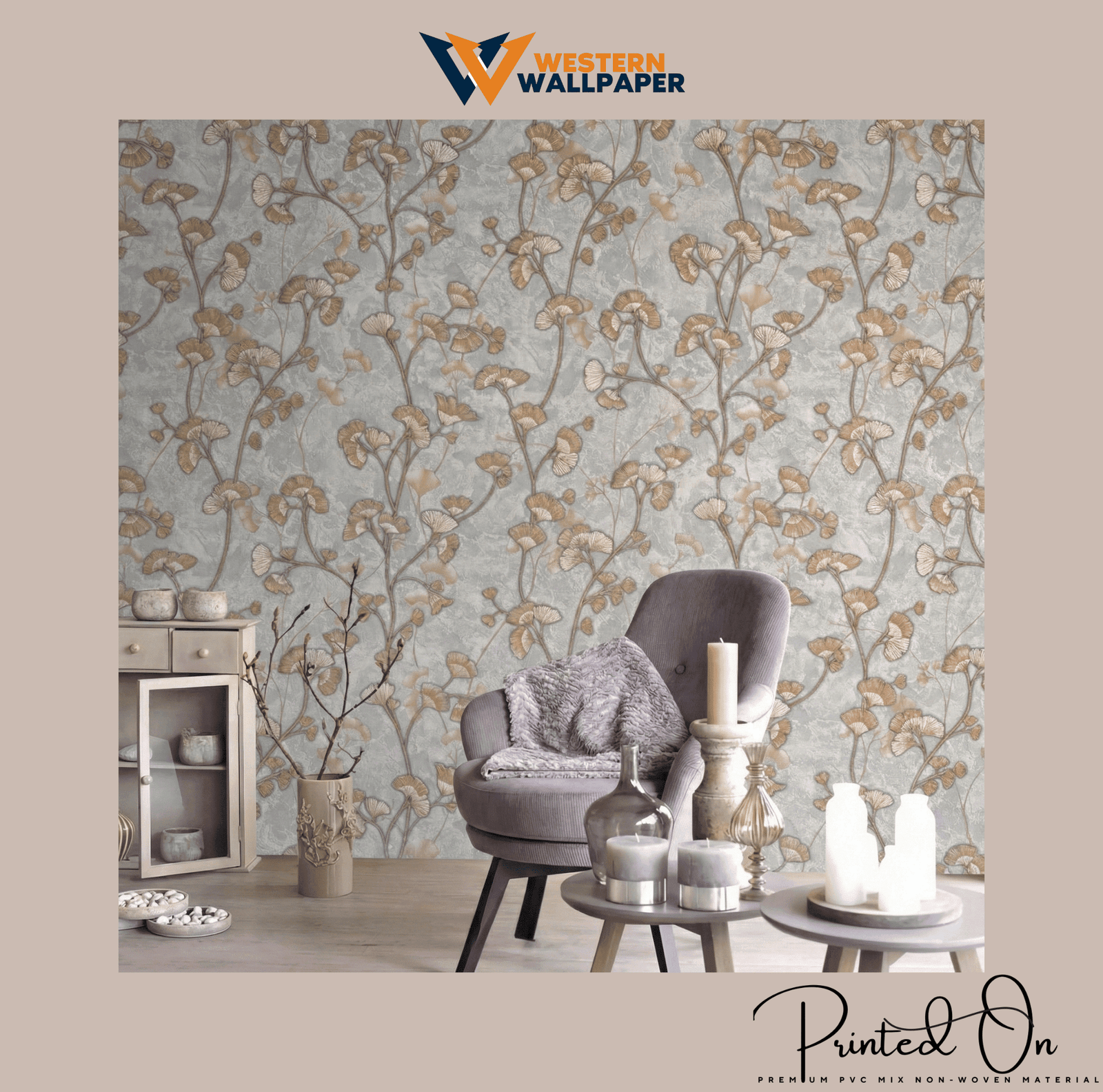"WHIMSICAL FEATHERED VINE WALLPAPER IN BRONZE AND ASH  "