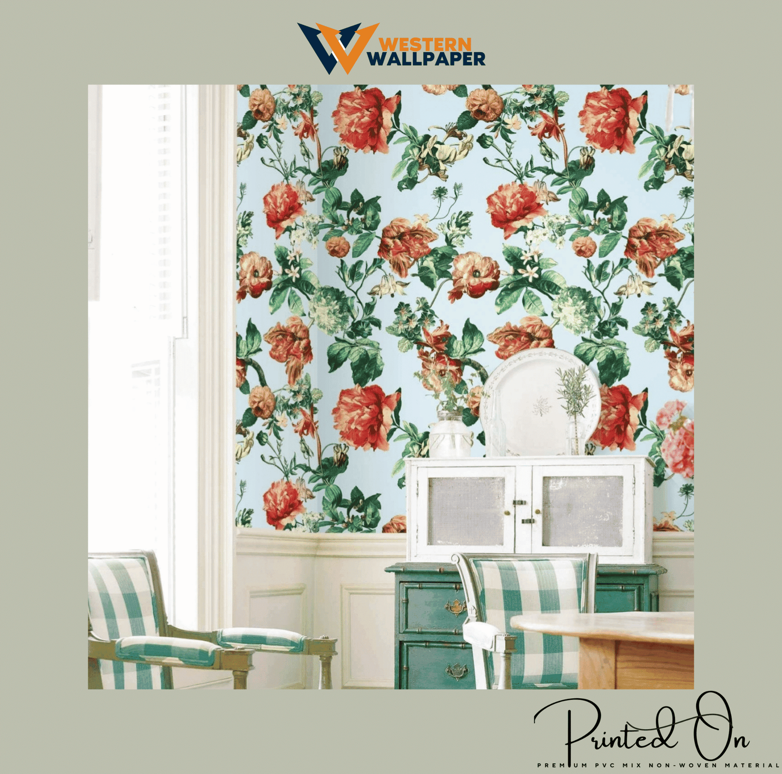VIBRANT PEONY FLORAL WALLPAPER IN POWDER BLUE AND RED FOR A FRESH ROMANTIC STATEMENT WALL