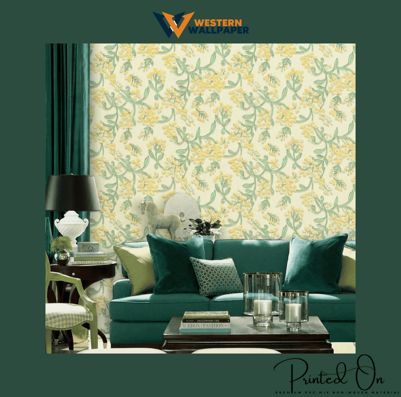 ORNATE FLORAL TRAIL WALLPAPER IN CANARY AND MINT FOR A REFRESHING CONTEMPORARY LIVING SPACE