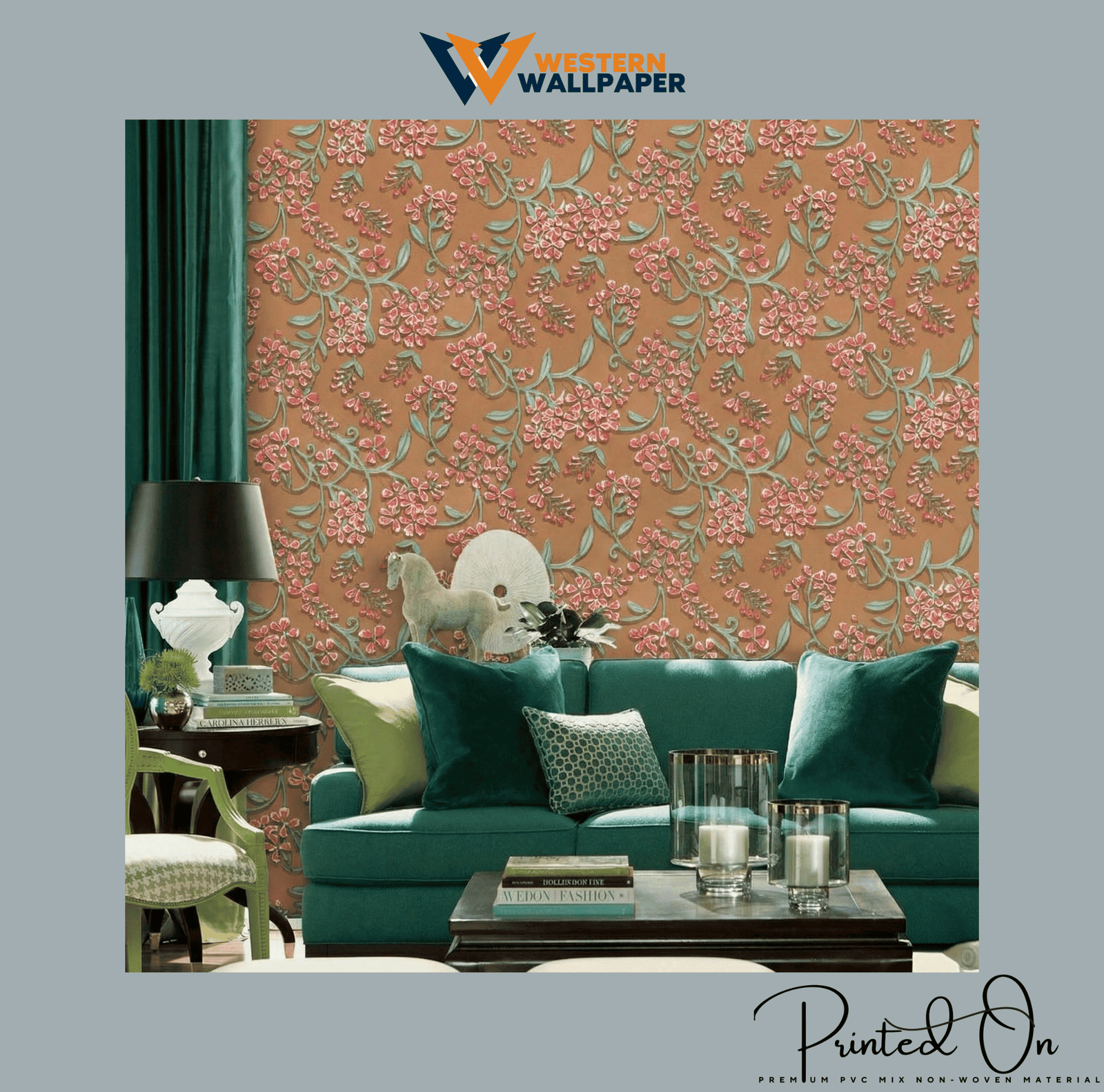 ORNATE FLORAL TRAIL WALLPAPER IN APRICOT AND SAGE FOR A WARM CONTEMPORARY LIVING SPACE