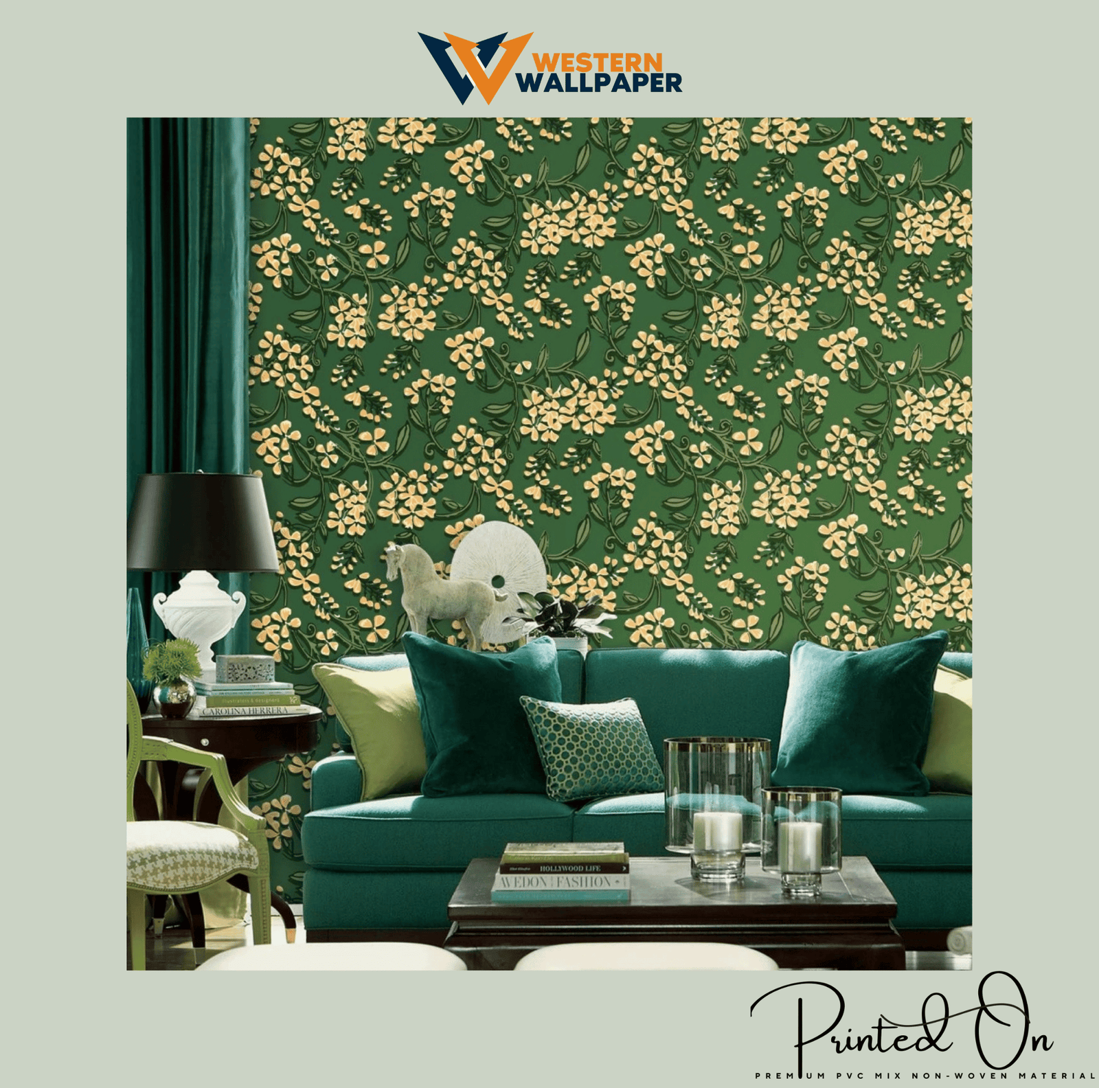 ORNATE FLORAL TRAIL WALLPAPER IN APRICOT AND PISTACHIO FOR A WARM CONTEMPORARY LIVING SPACE