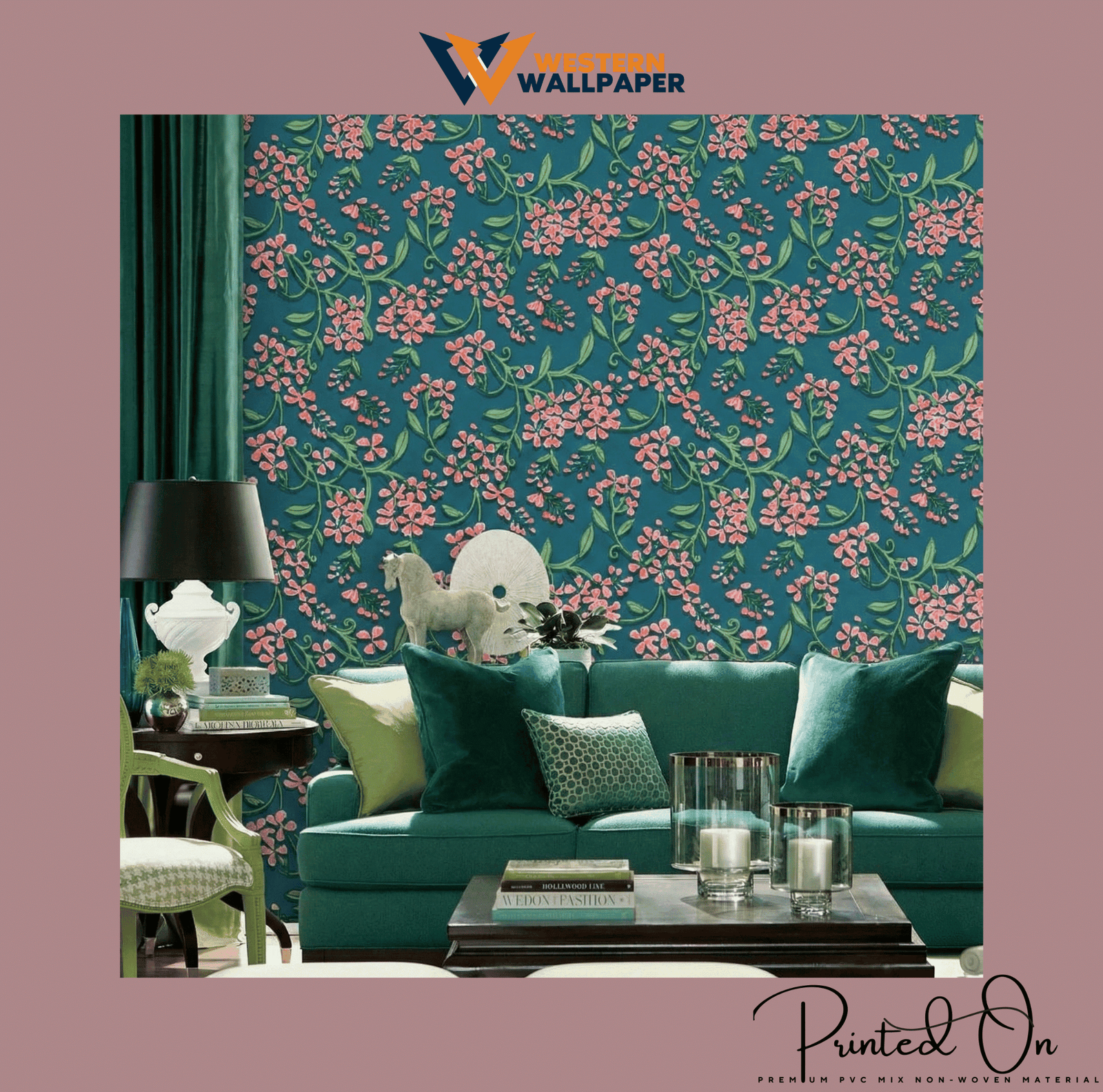 ORNATE FLORAL TRAIL WALLPAPER IN SALMON AND TEAL FOR A VIBRANT CONTEMPORARY LIVING SPACE