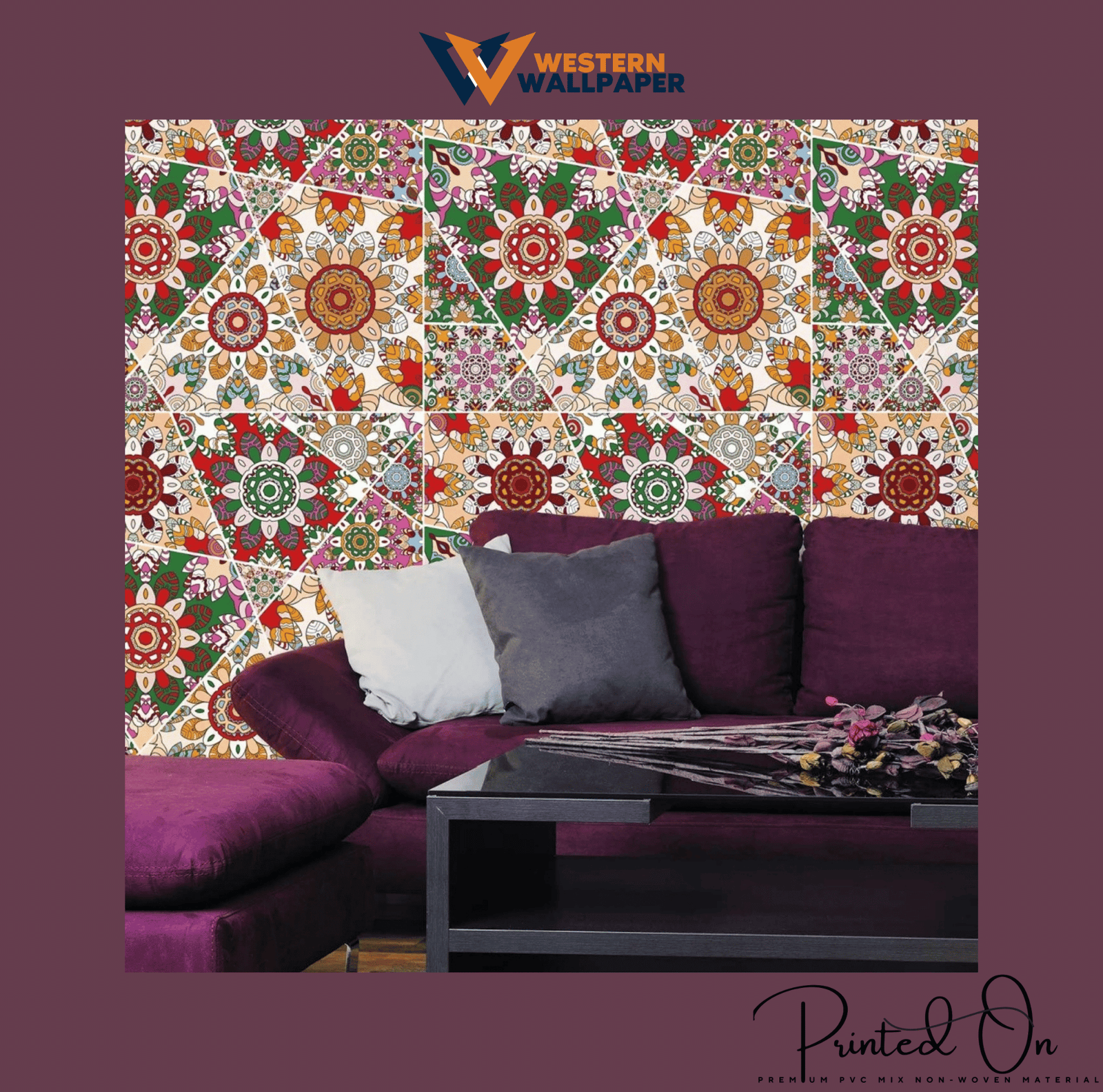 ORNATE MANDALA TILE WALLPAPER IN MULTICOLOR JEWEL TONES FOR A BOLD BOHEMIAN LIVING ROOM