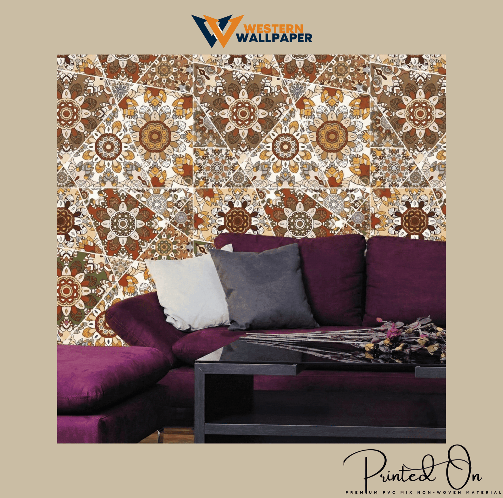 ORNATE MANDALA TILE WALLPAPER IN EARTHY AUTUMN TONES FOR A BOLD BOHEMIAN LIVING ROOM