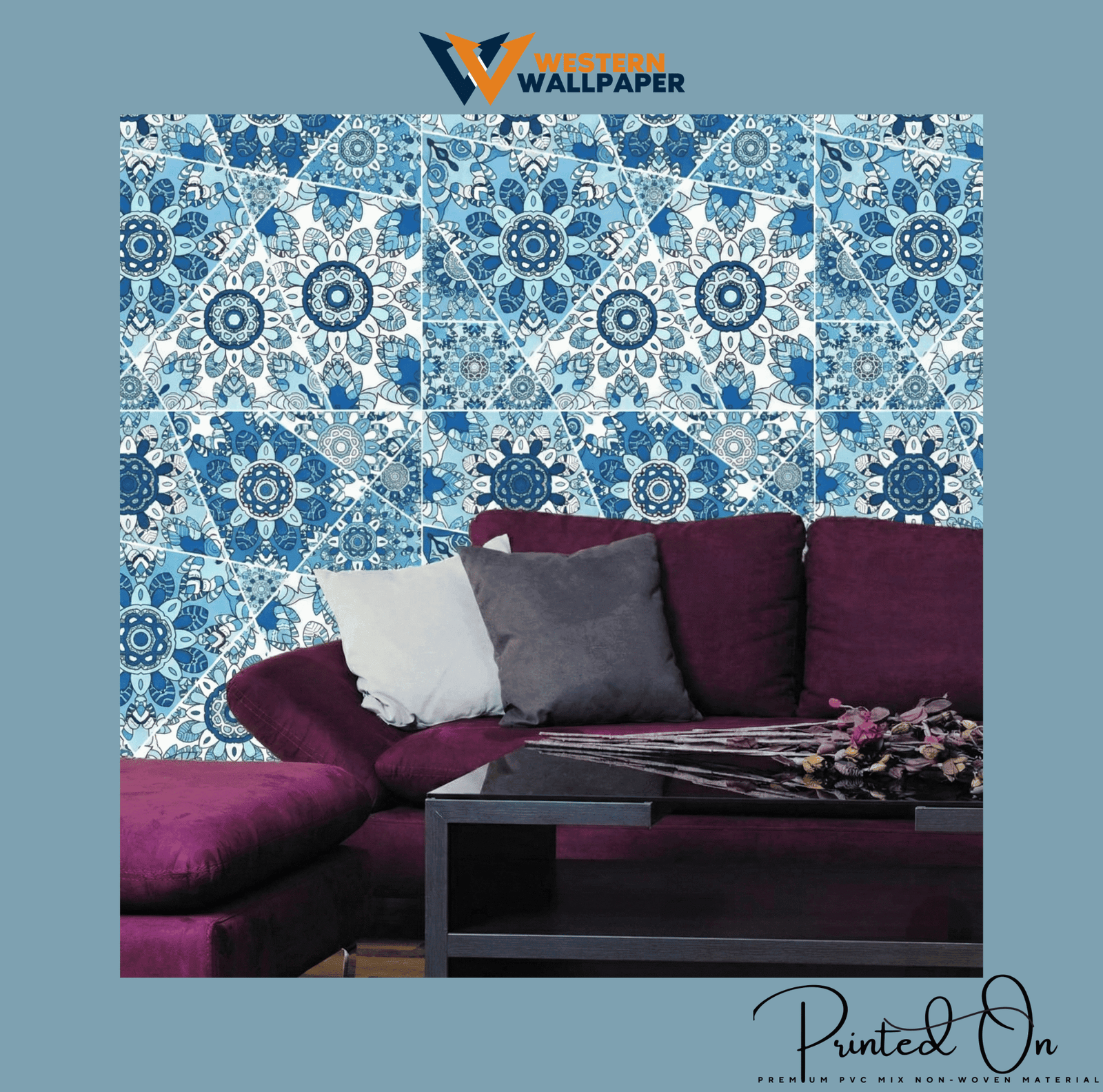 ORNATE MANDALA TILE WALLPAPER IN MONOCHROMATIC BLUE TONES FOR A BOLD BOHEMIAN LIVING ROOM