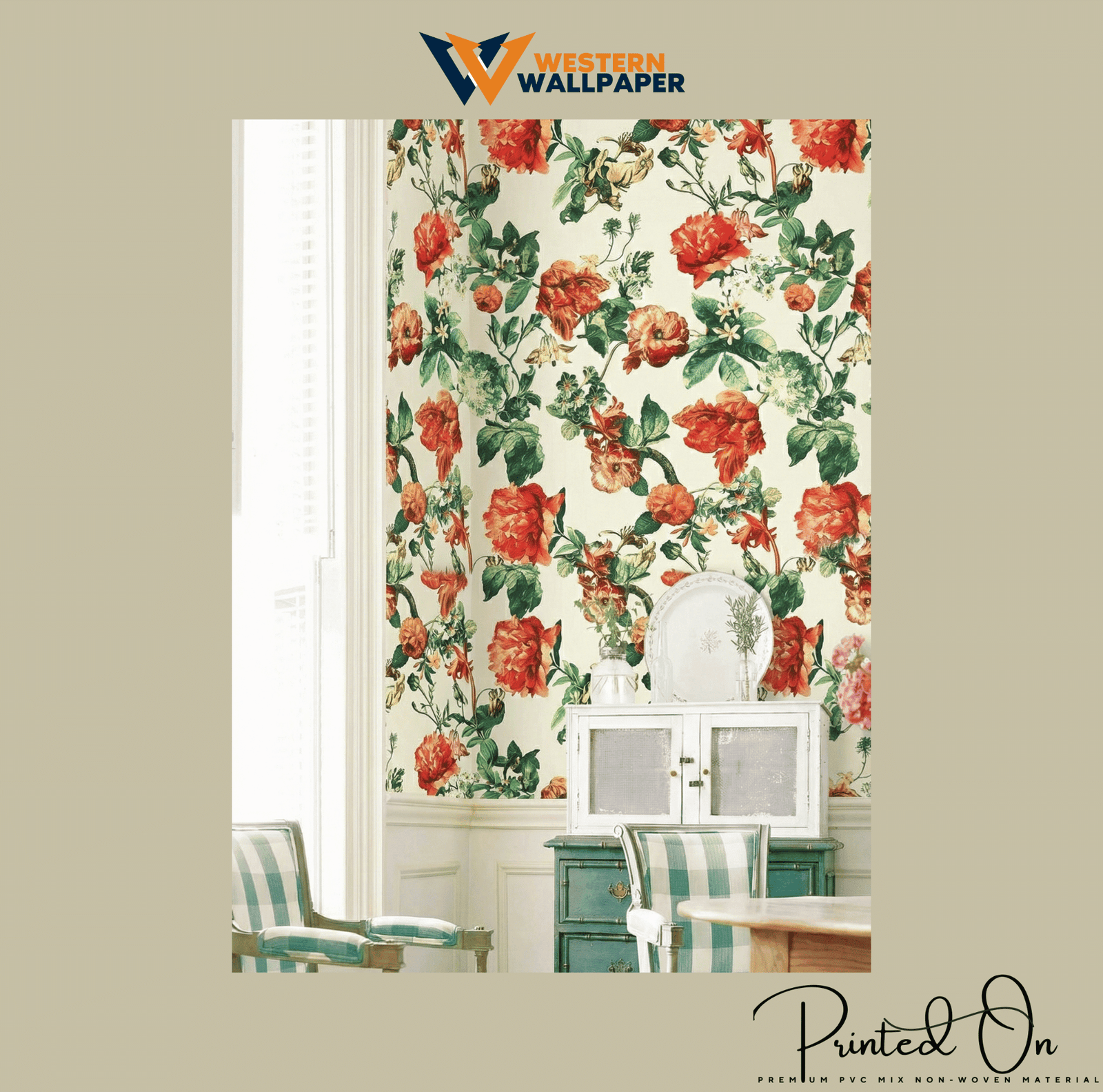 VIBRANT PEONY FLORAL WALLPAPER IN CREAM AND RED FOR A FRESH ROMANTIC STATEMENT WALL