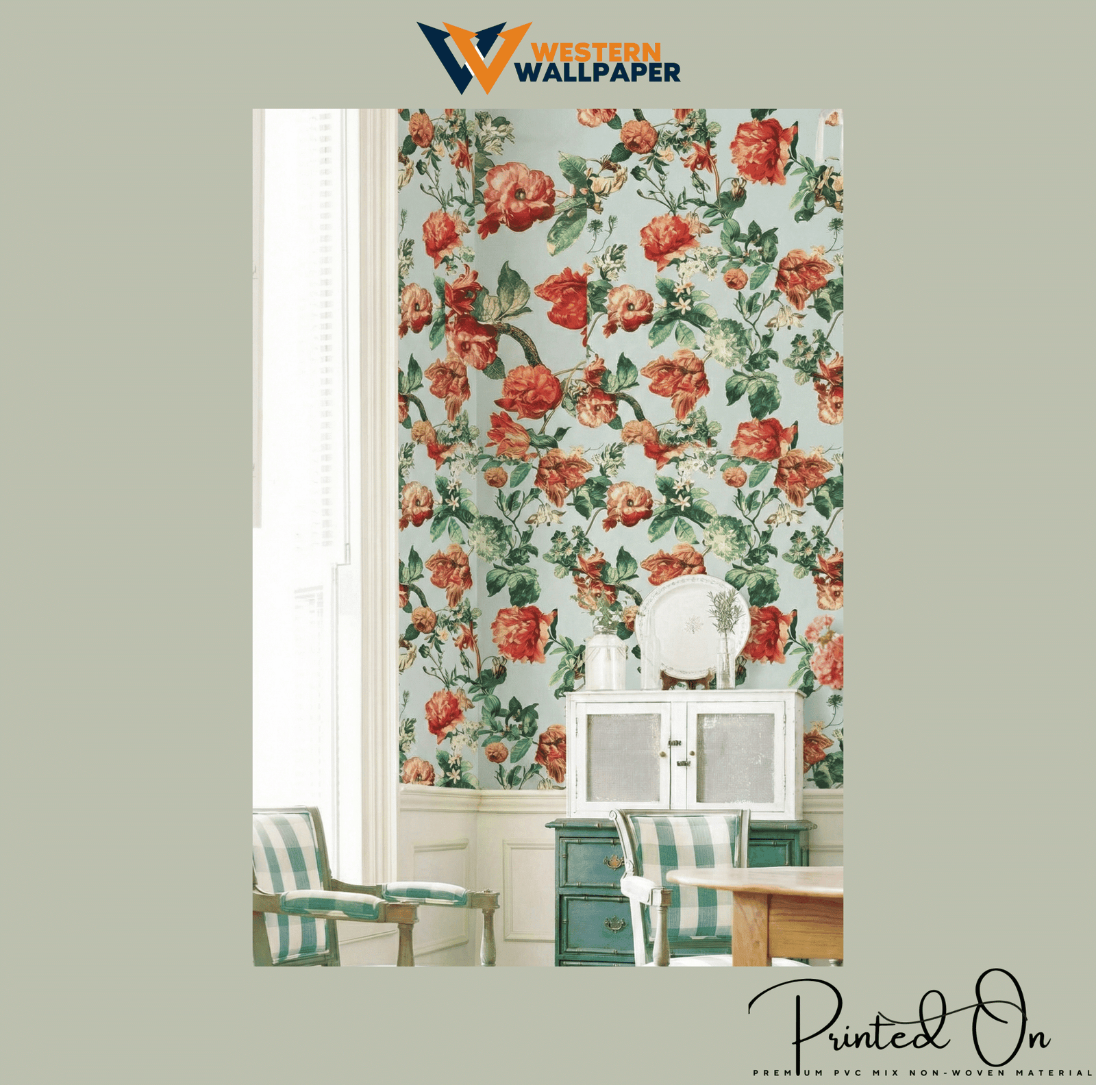 VIBRANT PEONY FLORAL WALLPAPER IN MINT GREEN AND RED FOR A FRESH ROMANTIC STATEMENT WALL