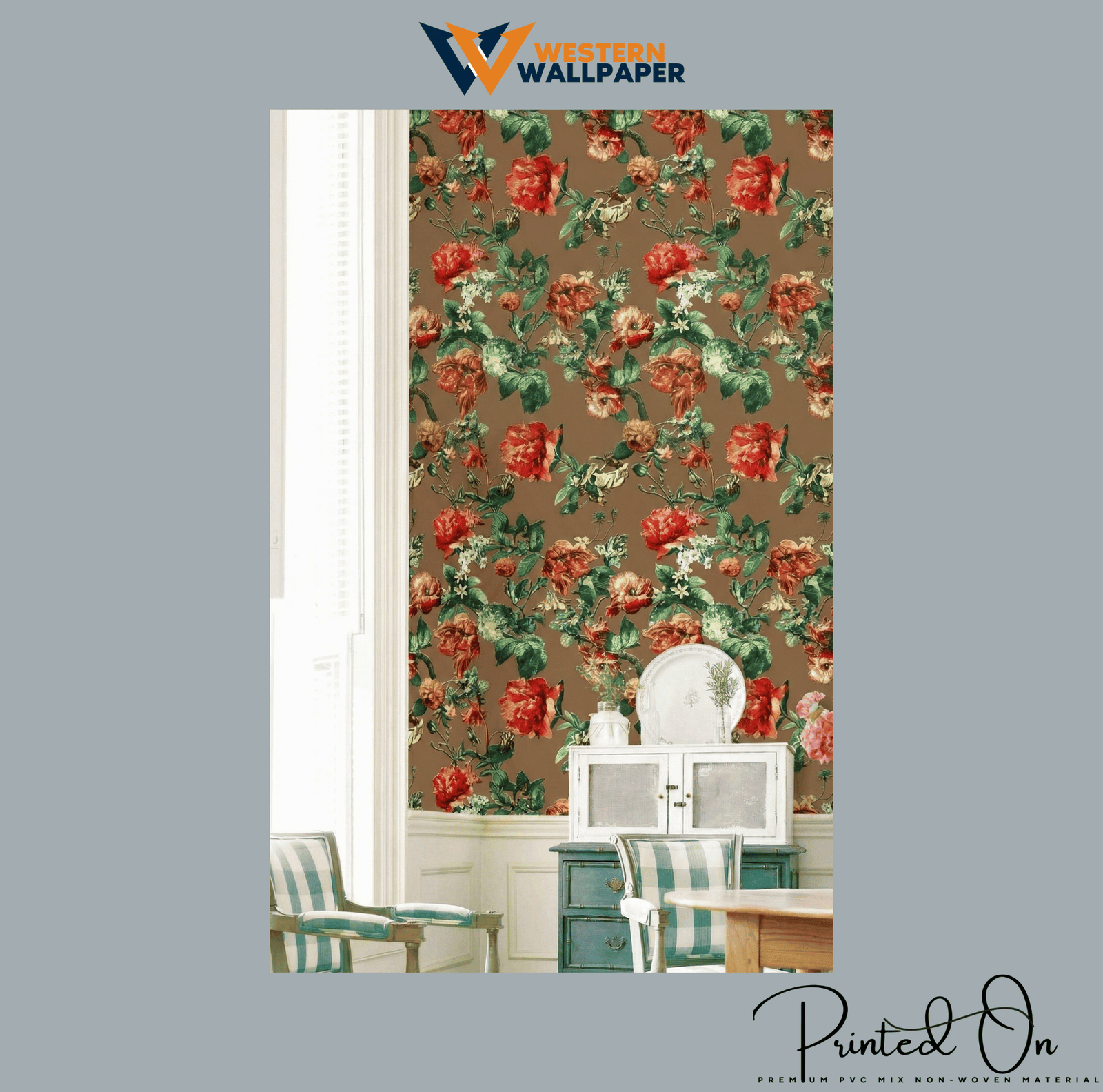 VIBRANT PEONY FLORAL WALLPAPER IN DUSTY BROWN AND RED FOR A FRESH ROMANTIC STATEMENT WALL