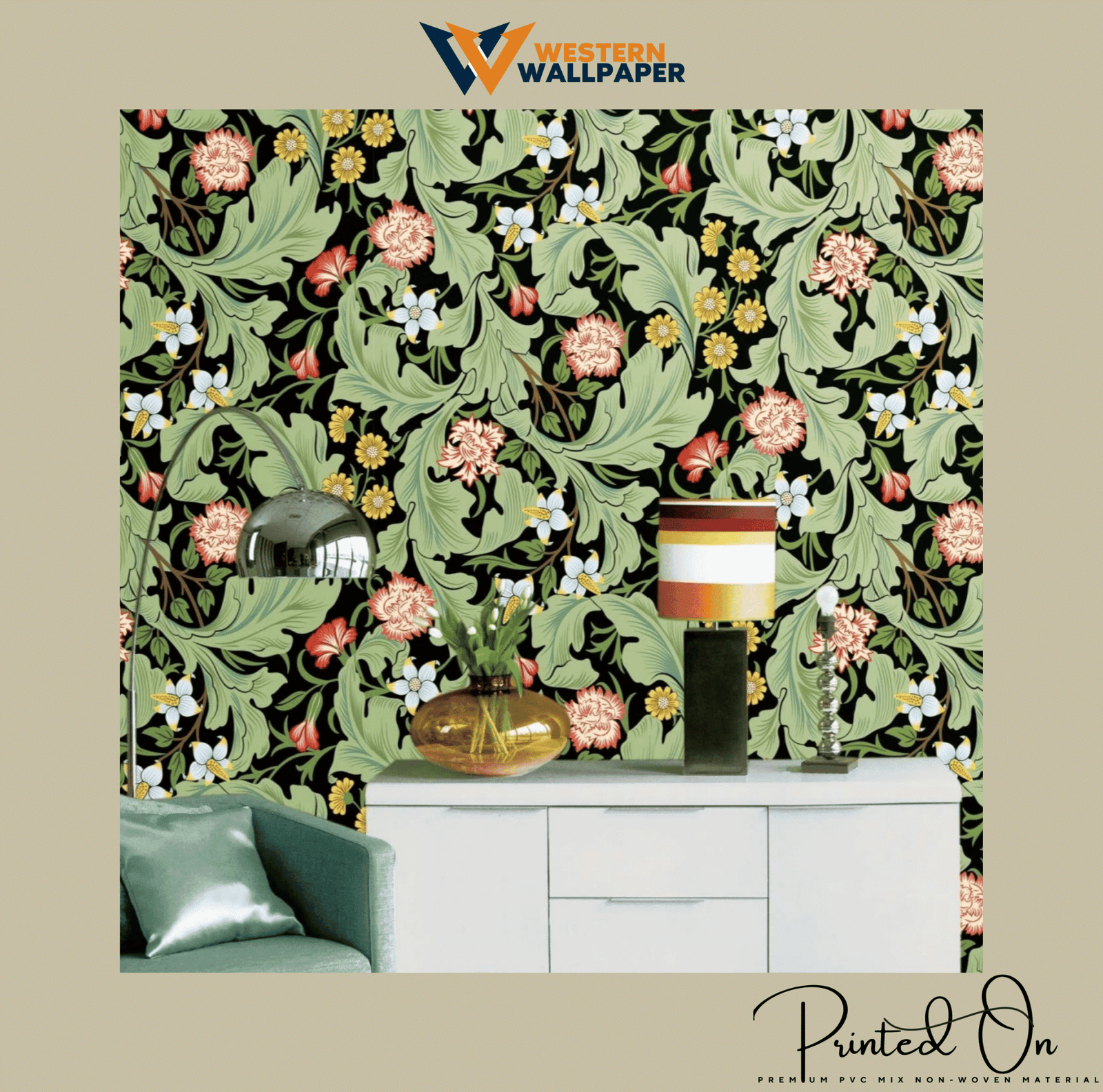 VICTORIAN ACANTHUS FLORAL WALLPAPER IN GREEN AND BLACK FOR A BOLD ART NOUVEAU STATEMENT WALL