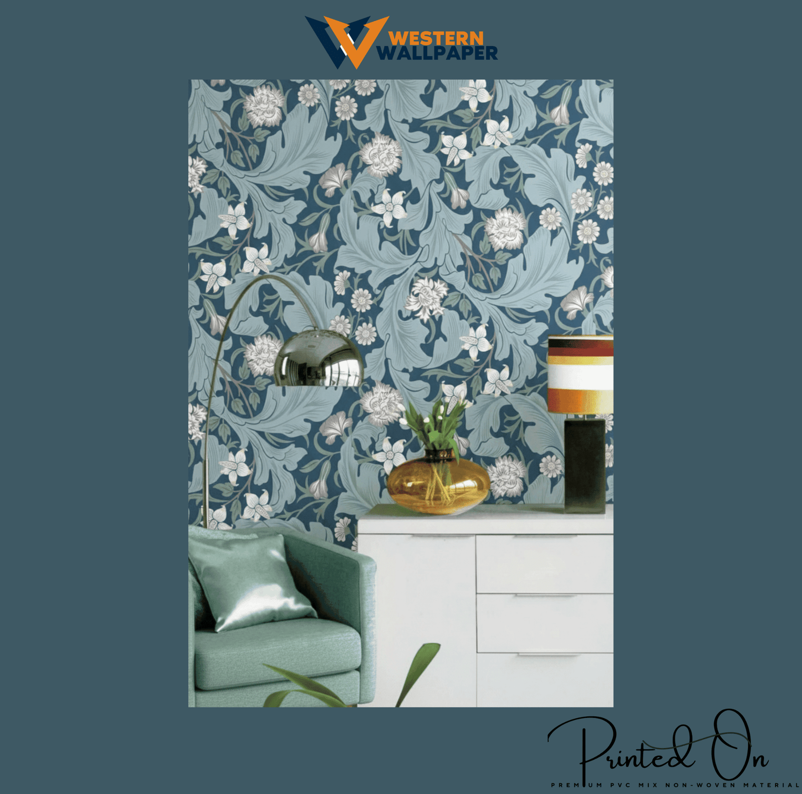 VICTORIAN ACANTHUS FLORAL WALLPAPER IN DUSTY BLUE AND GREY FOR A REFINED ELEGANT STATEMENT WALL