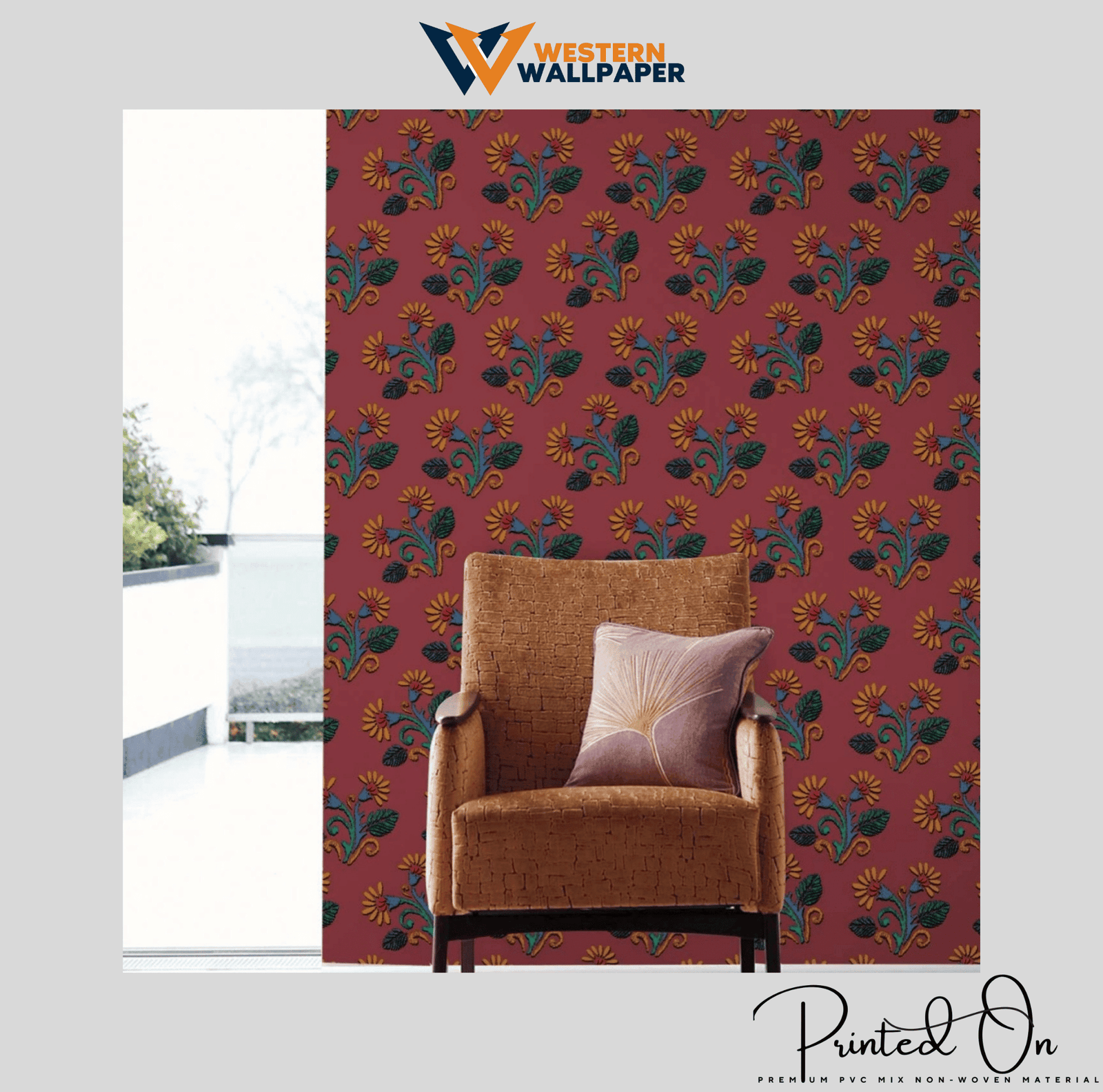 TRADITIONAL EMBROIDERED FLORAL WALLPAPER IN BURGUNDY AND MULTICOLOR FOR A RICH CULTURAL STATEMENT WALL