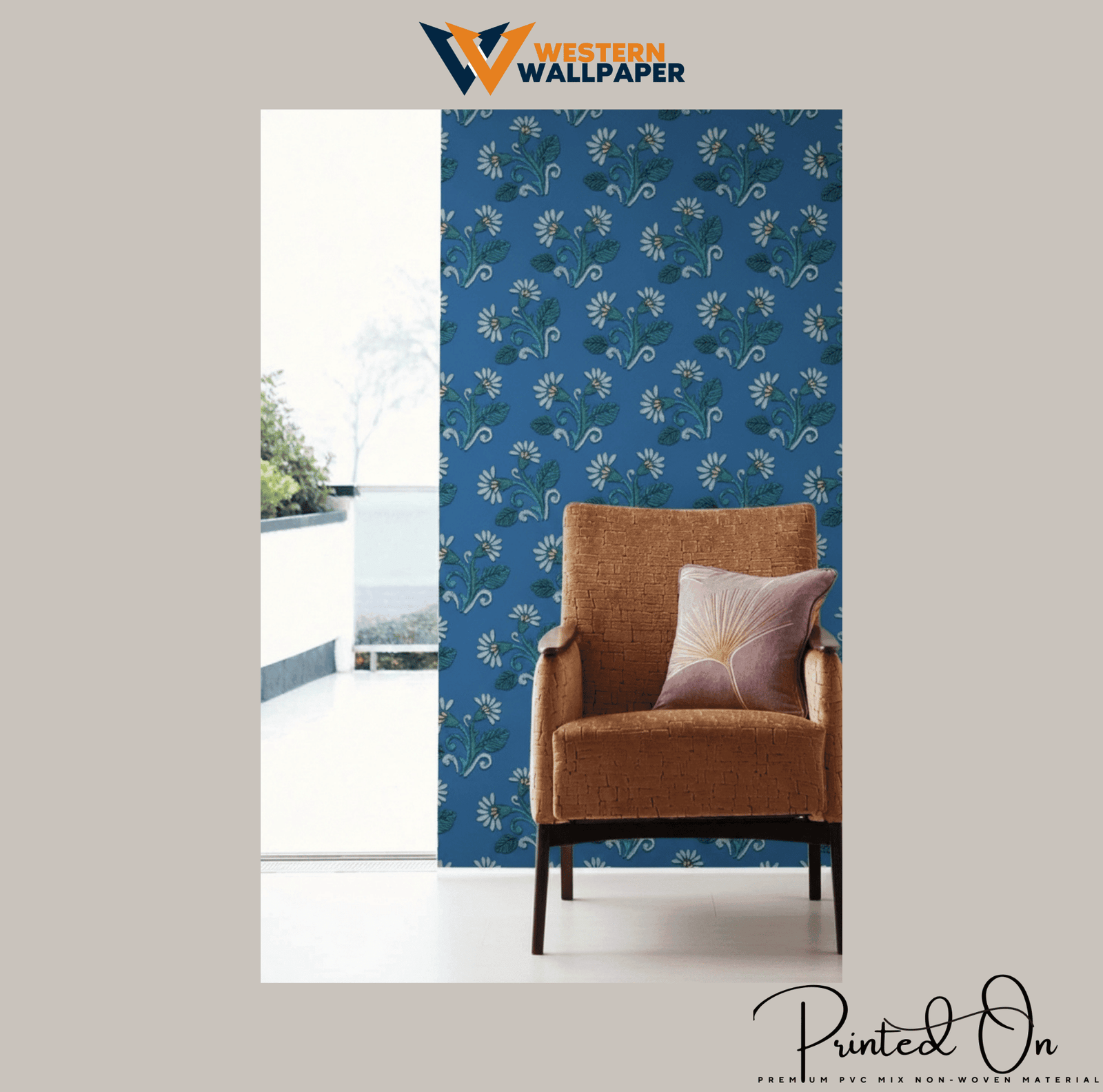 TRADITIONAL EMBROIDERED FLORAL WALLPAPER IN BLUE AND GREEN FOR A REFINED CULTURAL STATEMENT WALL
