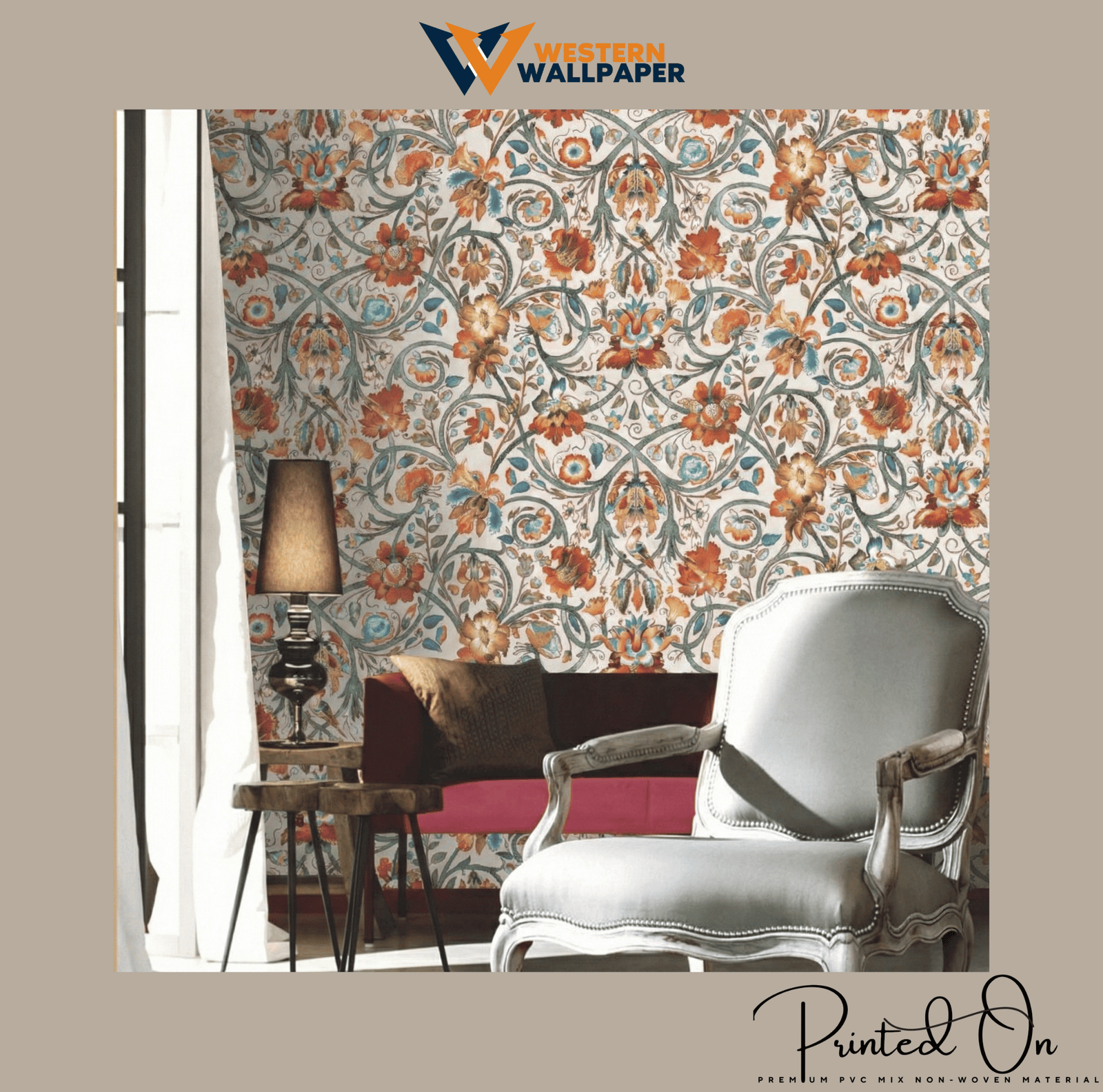 CLASSIC FLORAL ARABESQUE WALLPAPER IN CREAM AND MULTICOLOR FOR A REFINED ELEGANT INTERIOR WALL