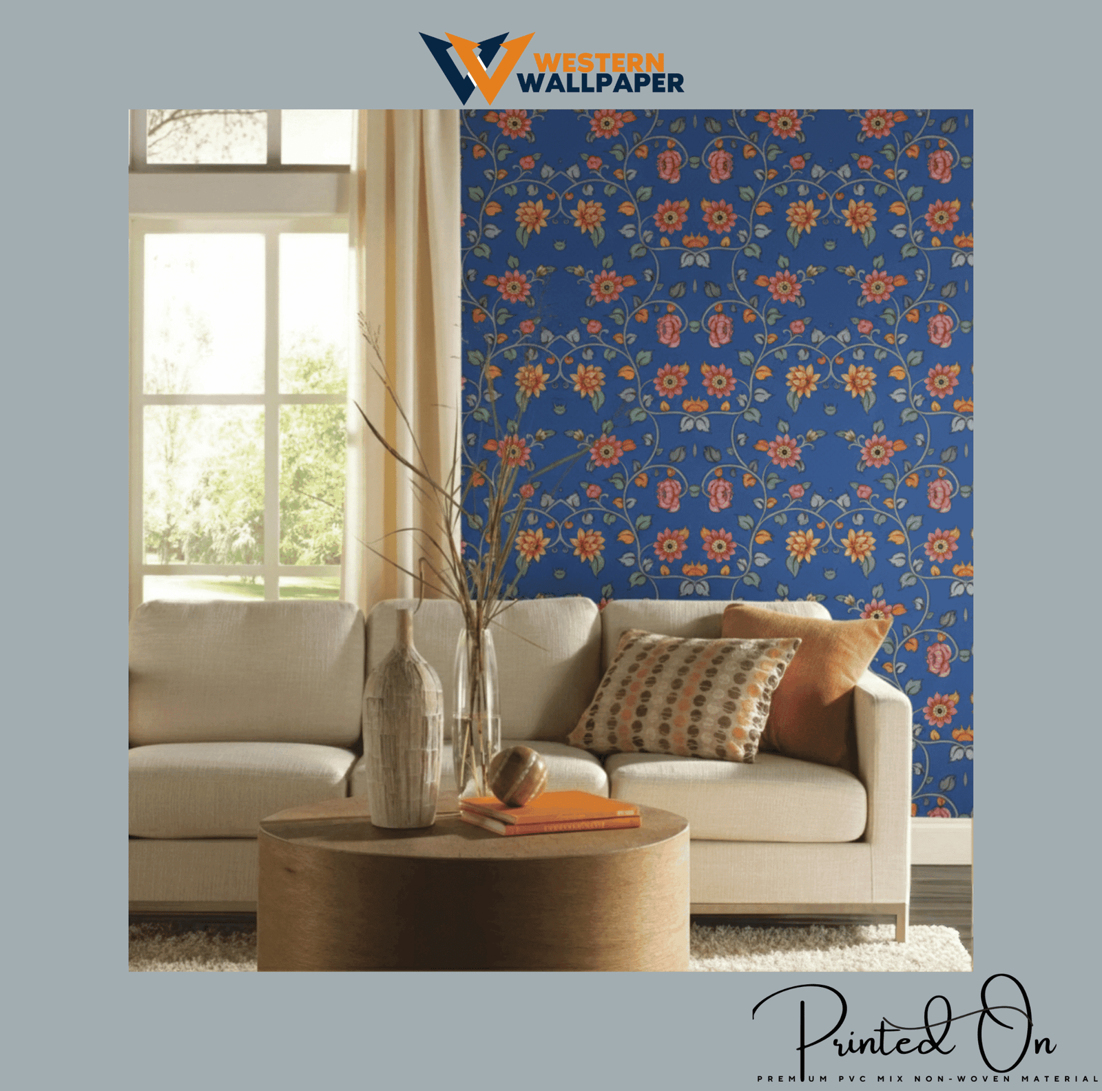 TRADITIONAL FLORAL ARABESQUE WALLPAPER IN ROYAL BLUE AND PINK FOR A REFINED CULTURAL STATEMENT WALL