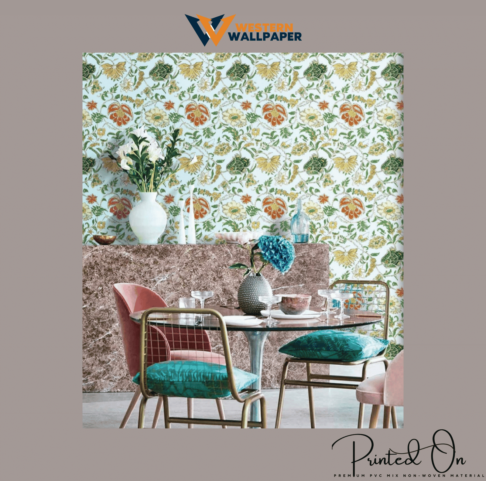 TRADITIONAL FLORAL ARABESQUE WALLPAPER IN SKY BLUE AND PERSIMMON FOR A FRESH TRANSITIONAL SPACE