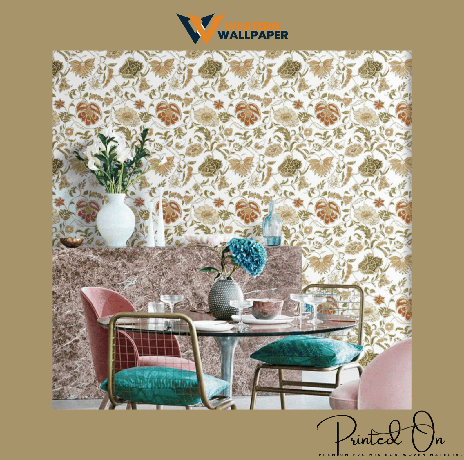 ORNATE CHINTZ FLORAL WALLPAPER IN CHAMPAGNE AND OCHRE FOR A REFINED BOTANICAL STATEMENT WALL