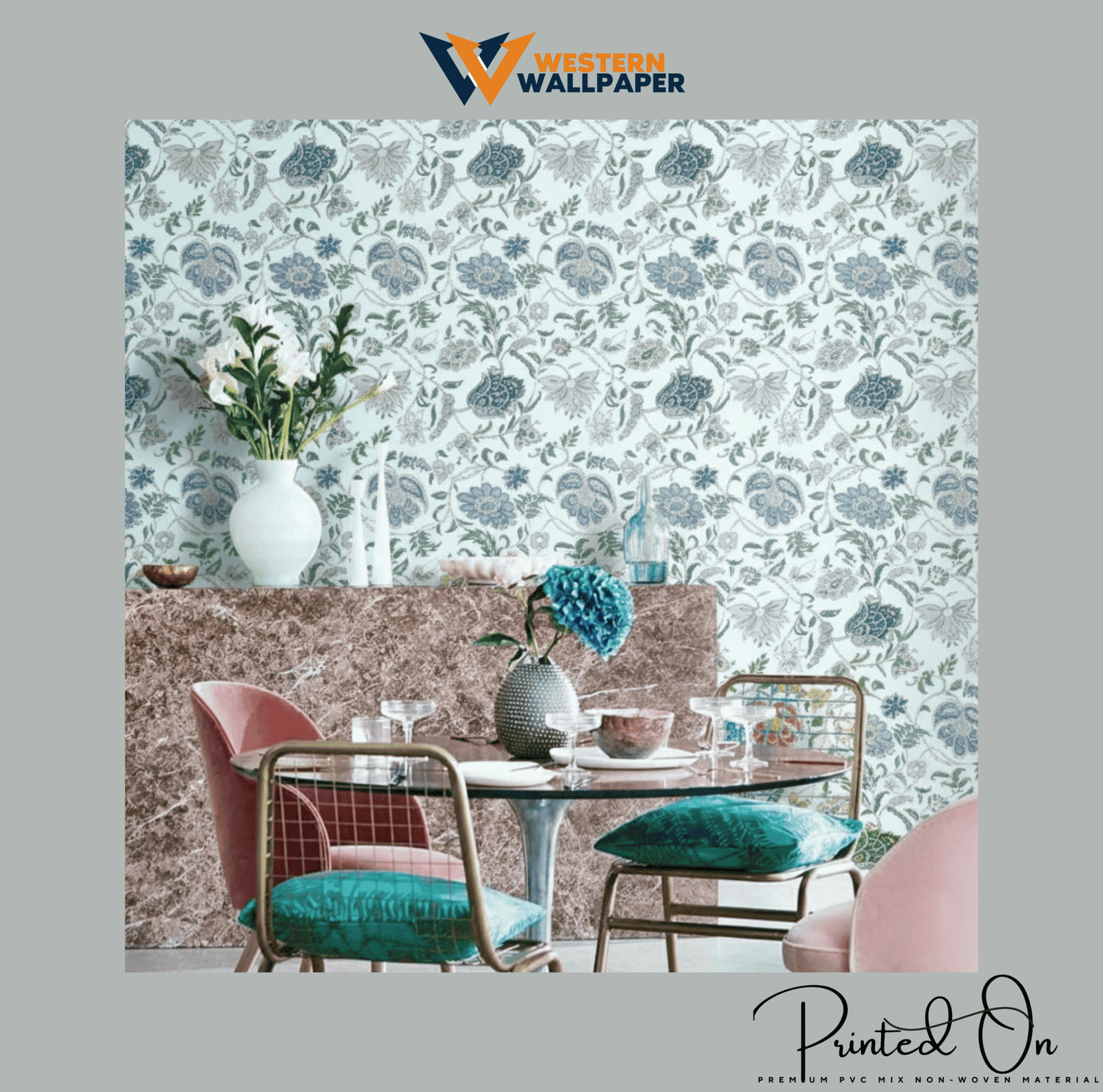 DELICATE BLOCK-PRINT FLORAL WALLPAPER IN POWDER BLUE AND SLATE FOR A SERENE ARTISANAL STATEMENT WALL