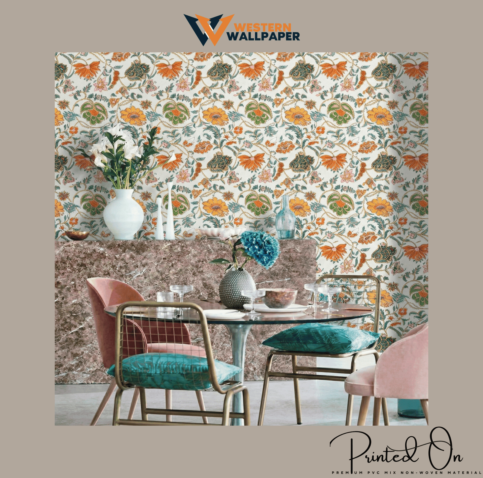 ORNATE CHINTZ FLORAL WALLPAPER IN APRICOT AND PINE FOR A VIBRANT BOTANICAL STATEMENT WALL