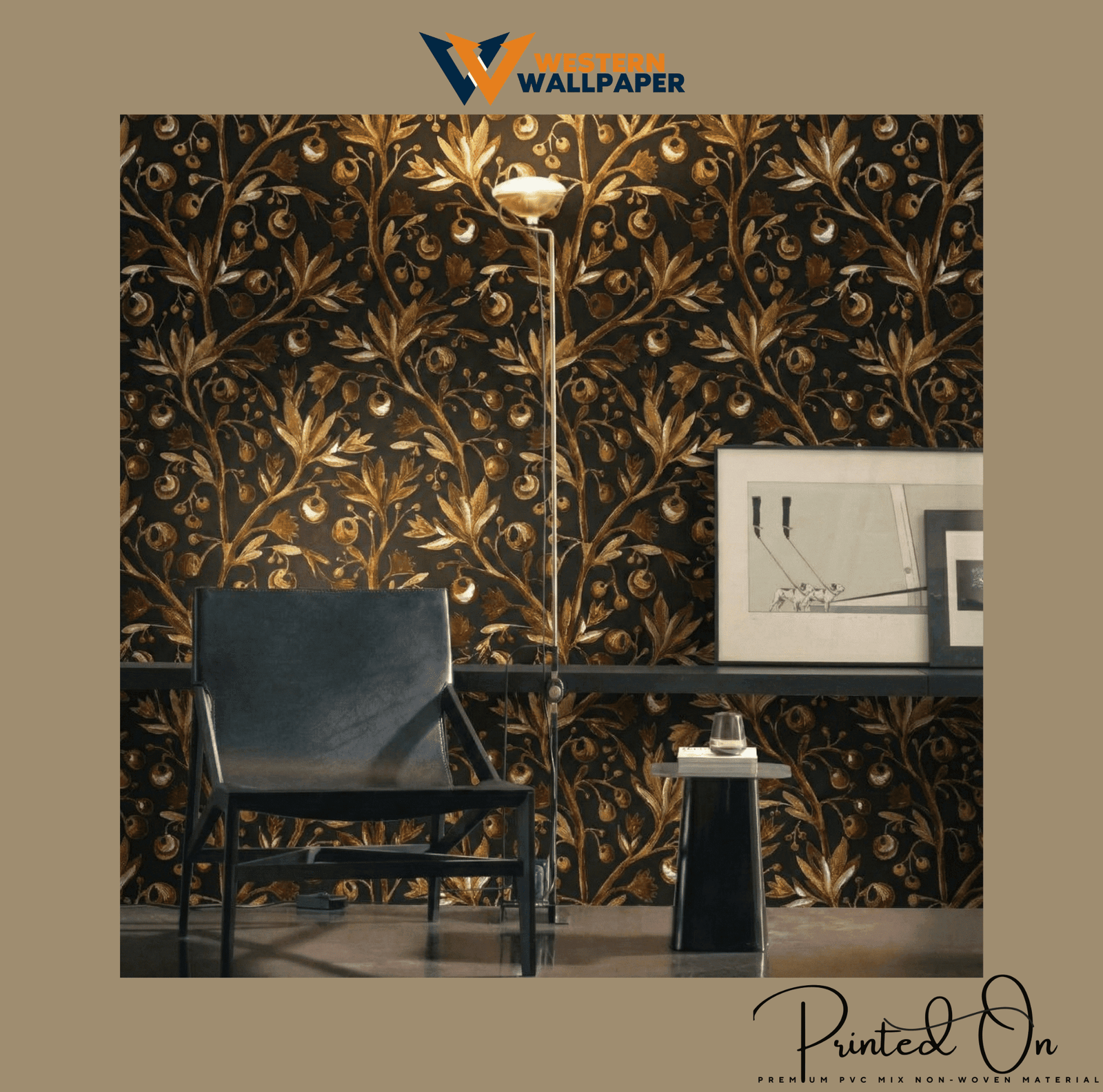 LUXURIOUS GILDED BOTANICAL WALLPAPER IN EBONY AND BRONZE FOR A SOPHISTICATED NOIR STATEMENT WALL