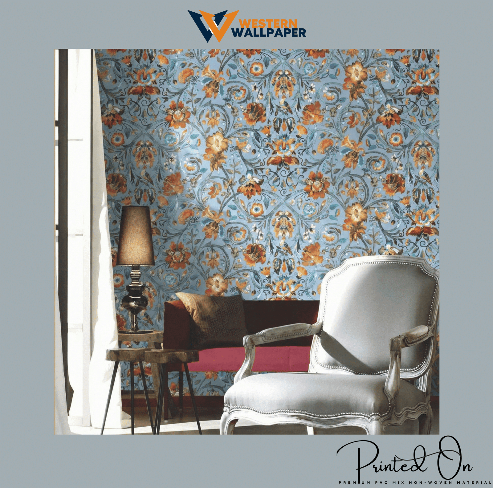 CLASSIC FLORAL ARABESQUE WALLPAPER IN LIGHT BLUE AND MULTICOLOR FOR A REFINED ELEGANT INTERIOR WALL