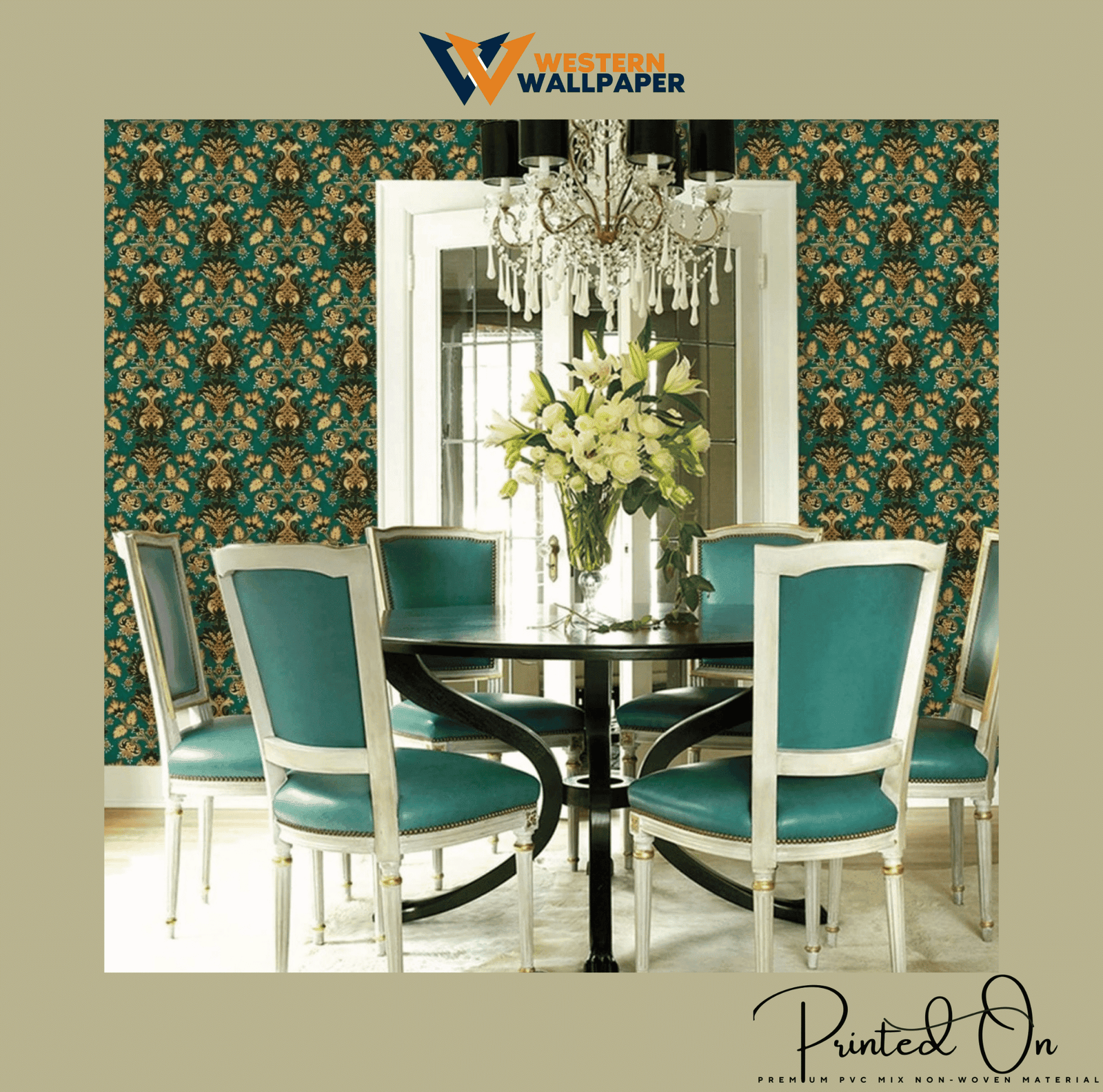ORNATE REGAL DAMASK WALLPAPER IN EMERALD AND ANTIQUE GOLD FOR A STATELY DINING ROOM