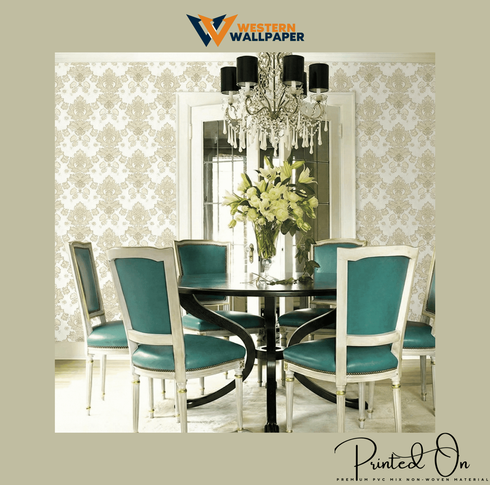 ORNATE REGAL DAMASK WALLPAPER IN CHAMPAGNE AND IVORY FOR A REFINED STATELY DINING ROOM