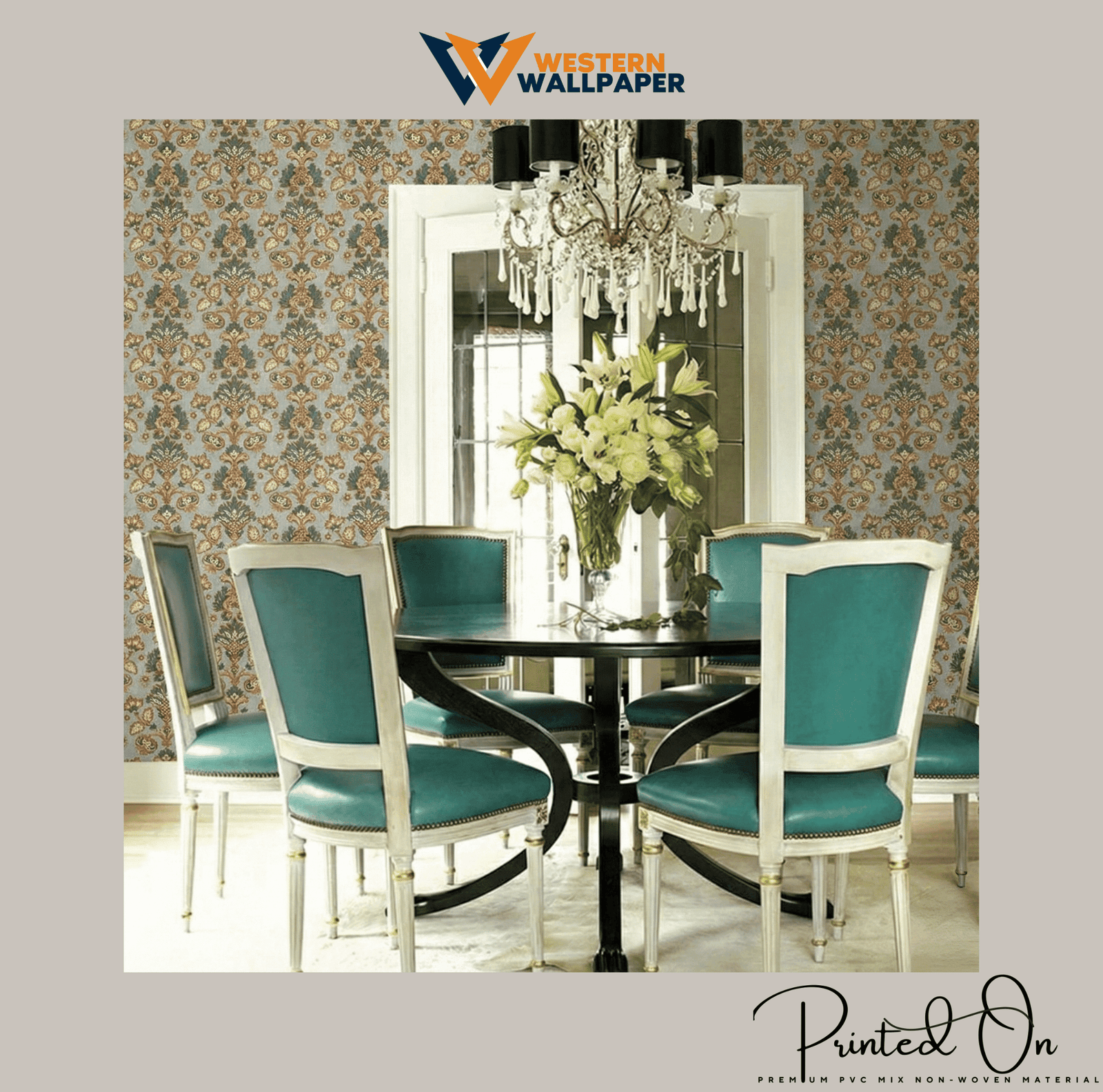 ORNATE REGAL DAMASK WALLPAPER IN SLATE AND AMBER FOR A VIBRANT STATELY DINING ROOM