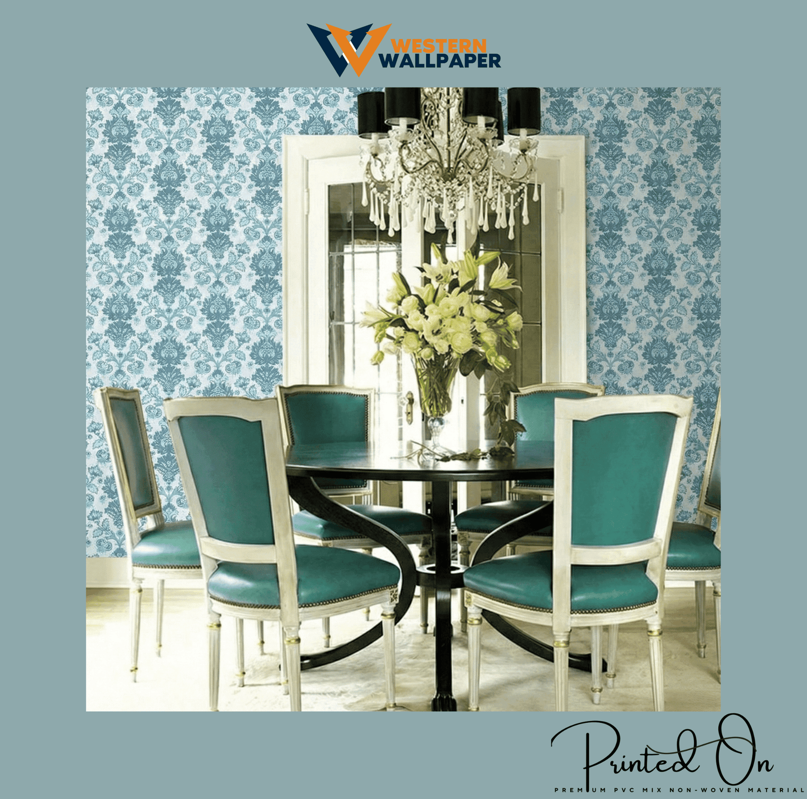 "ORNATE REGAL DAMASK WALLPAPER IN CERULEAN AND WHITE FOR A REFINED STATELY DINING ROOM "