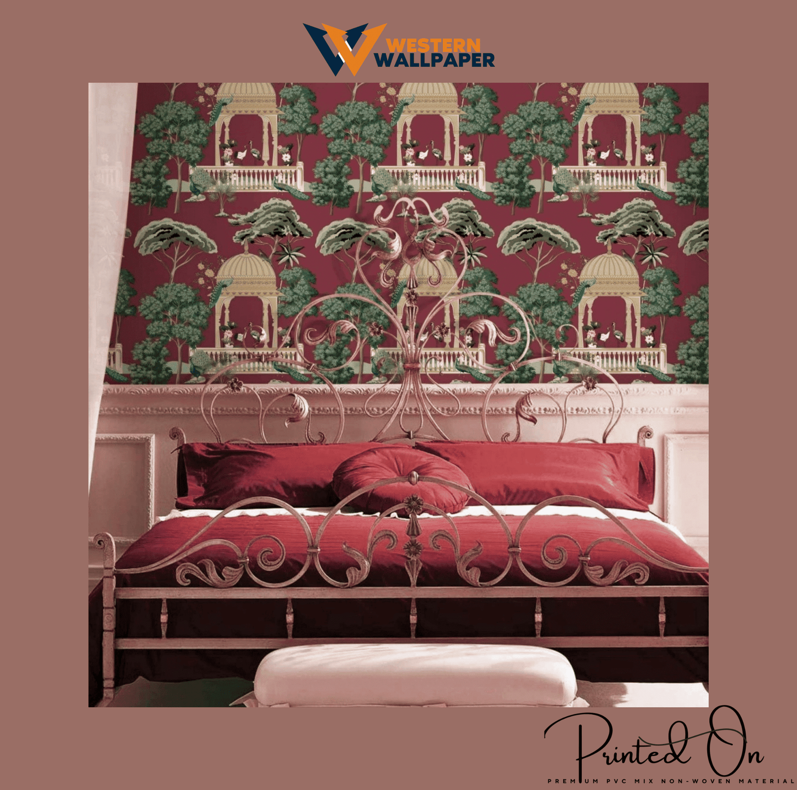 ORNATE RAJASTHANI MURAL WALLPAPER IN DEEP BURGUNDY AND FOREST GREEN FOR A TRADITIONAL HERITAGE BEDROOM