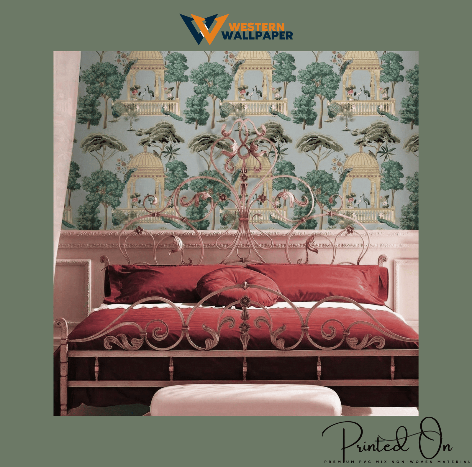 ORNATE RAJASTHANI MURAL WALLPAPER IN DUSTY BLUE AND MOSS GREEN FOR A TRADITIONAL HERITAGE BEDROOM