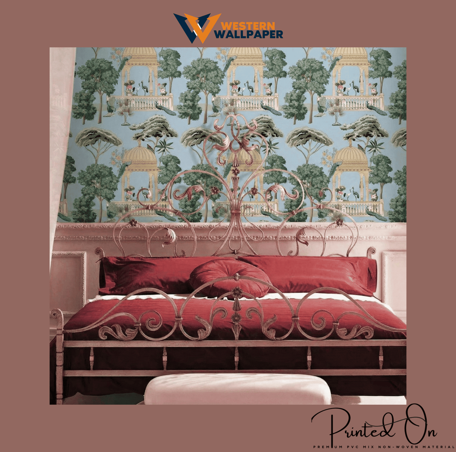 ORNATE RAJASTHANI MURAL WALLPAPER IN SKY BLUE AND FOREST GREEN FOR A TRADITIONAL HERITAGE BEDROOM