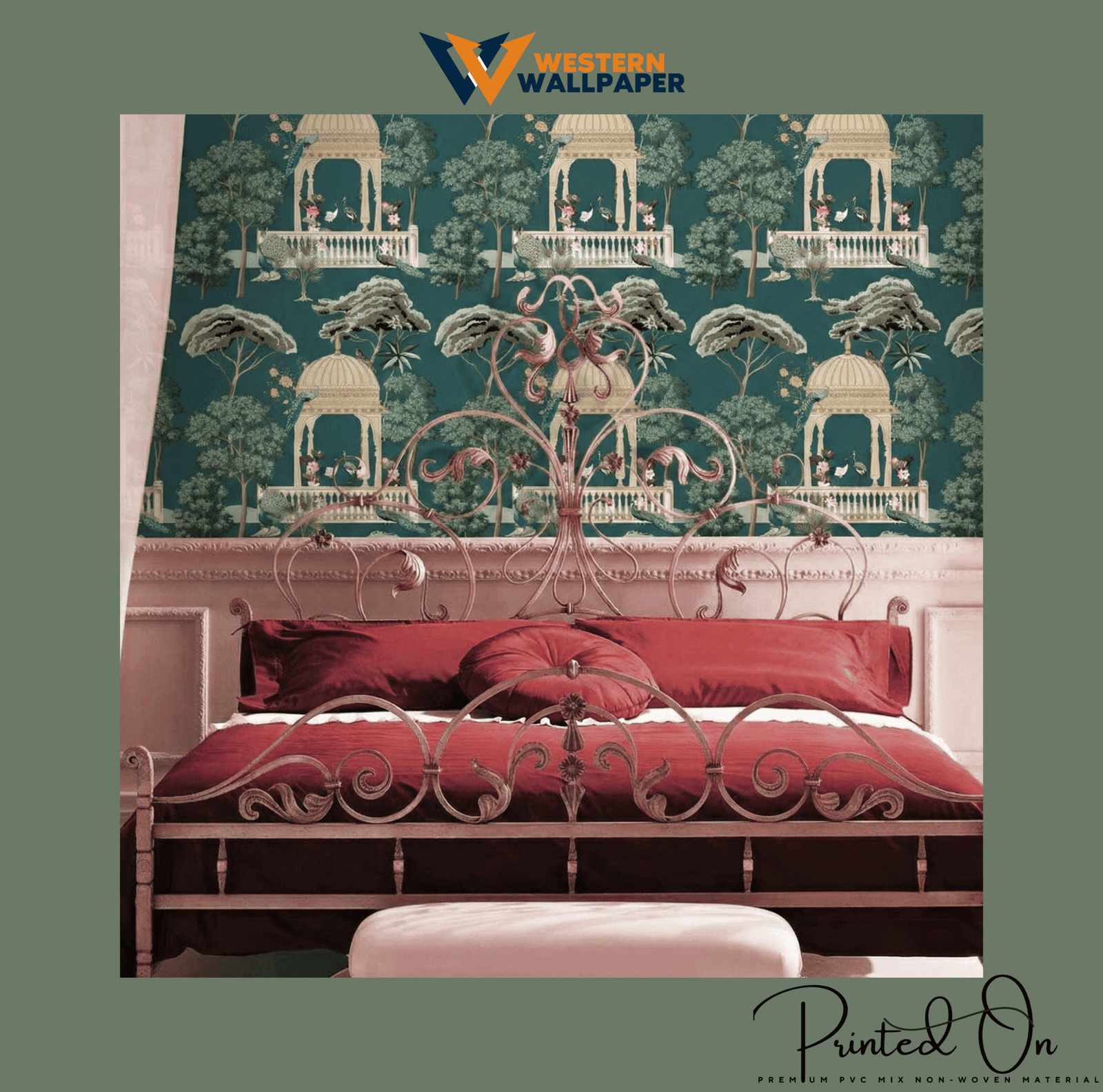 ORNATE RAJASTHANI MURAL WALLPAPER IN TEAL AND EMERALD FOR A TRADITIONAL HERITAGE BEDROOM