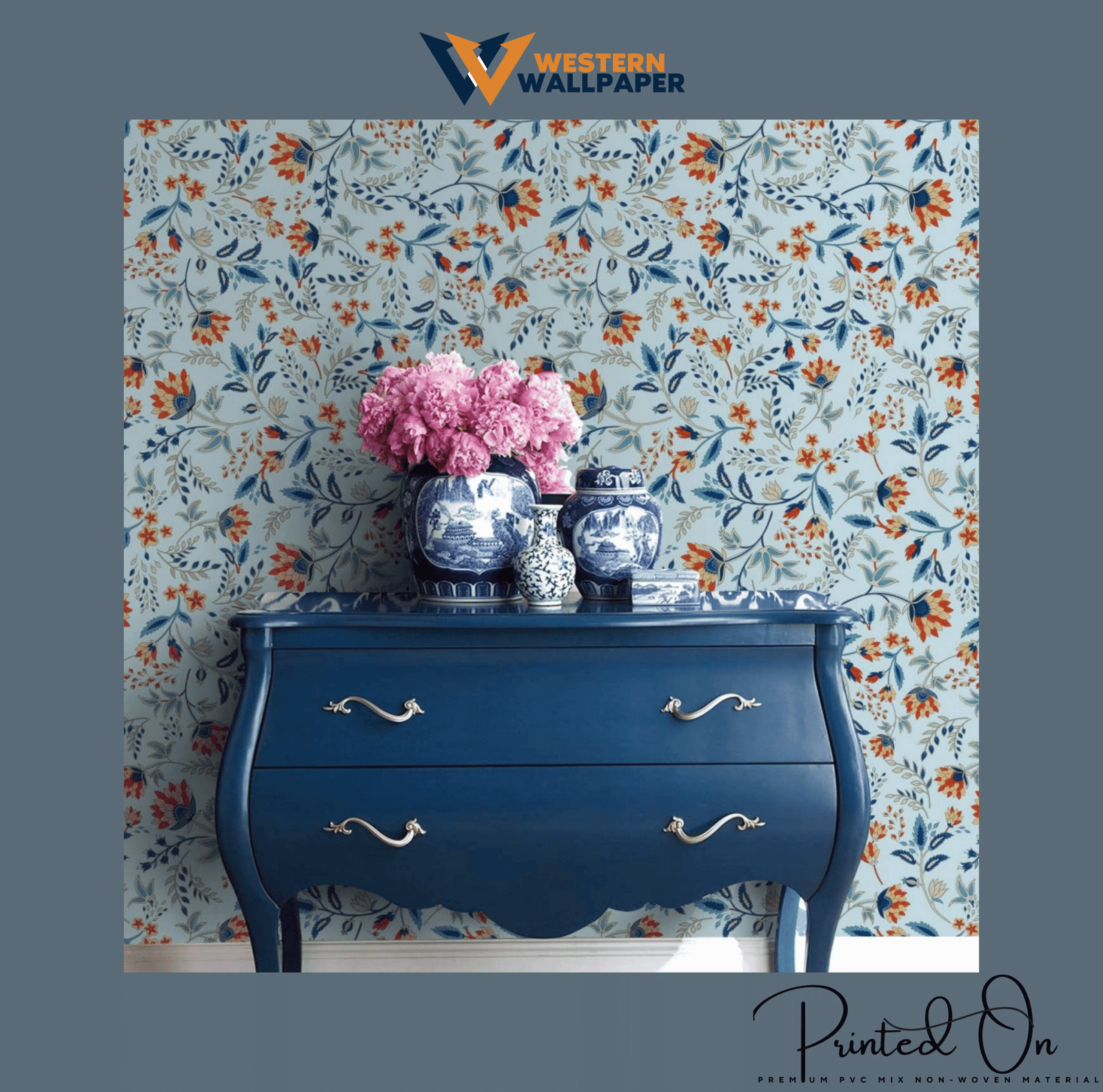 ORNATE CHINTZ BOTANICAL WALLPAPER IN CERULEAN AND AMBER FOR A VIBRANT ARTISANAL FOYER
