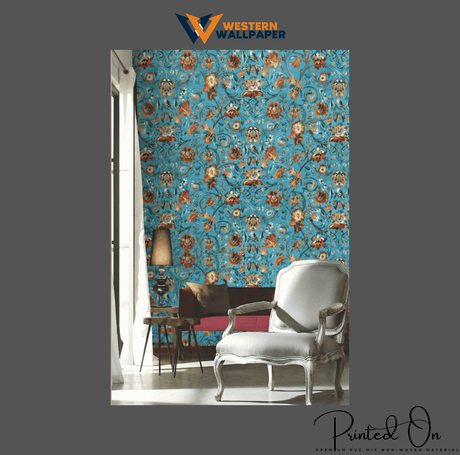 VINTAGE FLORAL ARABESQUE WALLPAPER IN CYAN AND MULTICOLOR FOR A VIBRANT TRADITIONAL STATEMENT WALL