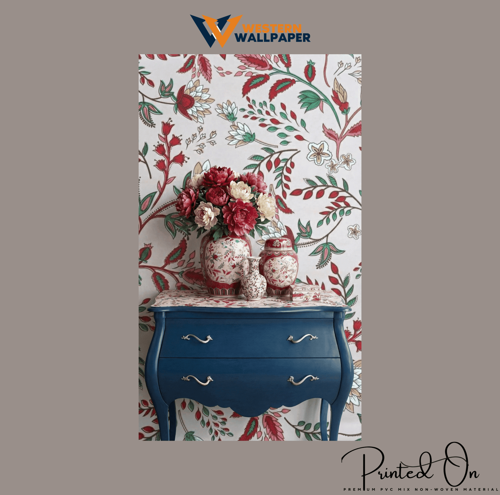 ORNATE CHINTZ BOTANICAL WALLPAPER IN CRIMSON AND SAGE FOR A VIBRANT HERITAGE-INSPIRED SPACE