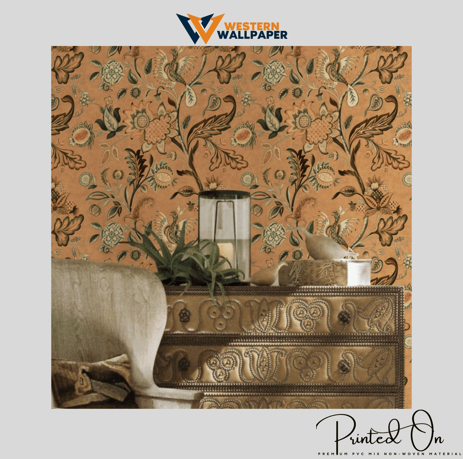 ORNATE CHINTZ BOTANICAL WALLPAPER IN SAFFRON AND MOSS FOR A VIBRANT HERITAGE-INSPIRED SPACE