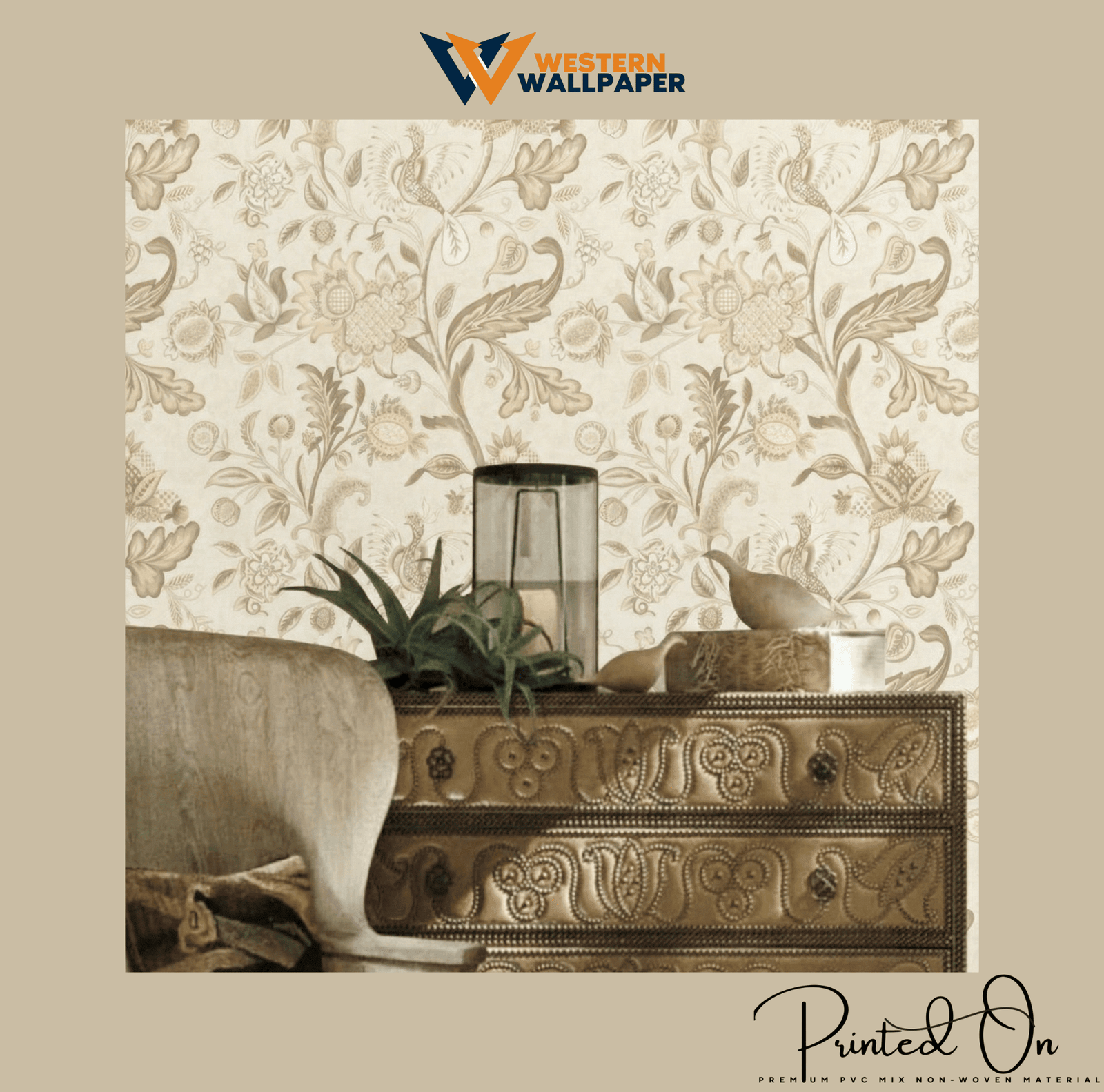 ORNATE CHINTZ BOTANICAL WALLPAPER IN ALABASTER AND TAUPE FOR A SOPHISTICATED NEUTRAL INTERIOR