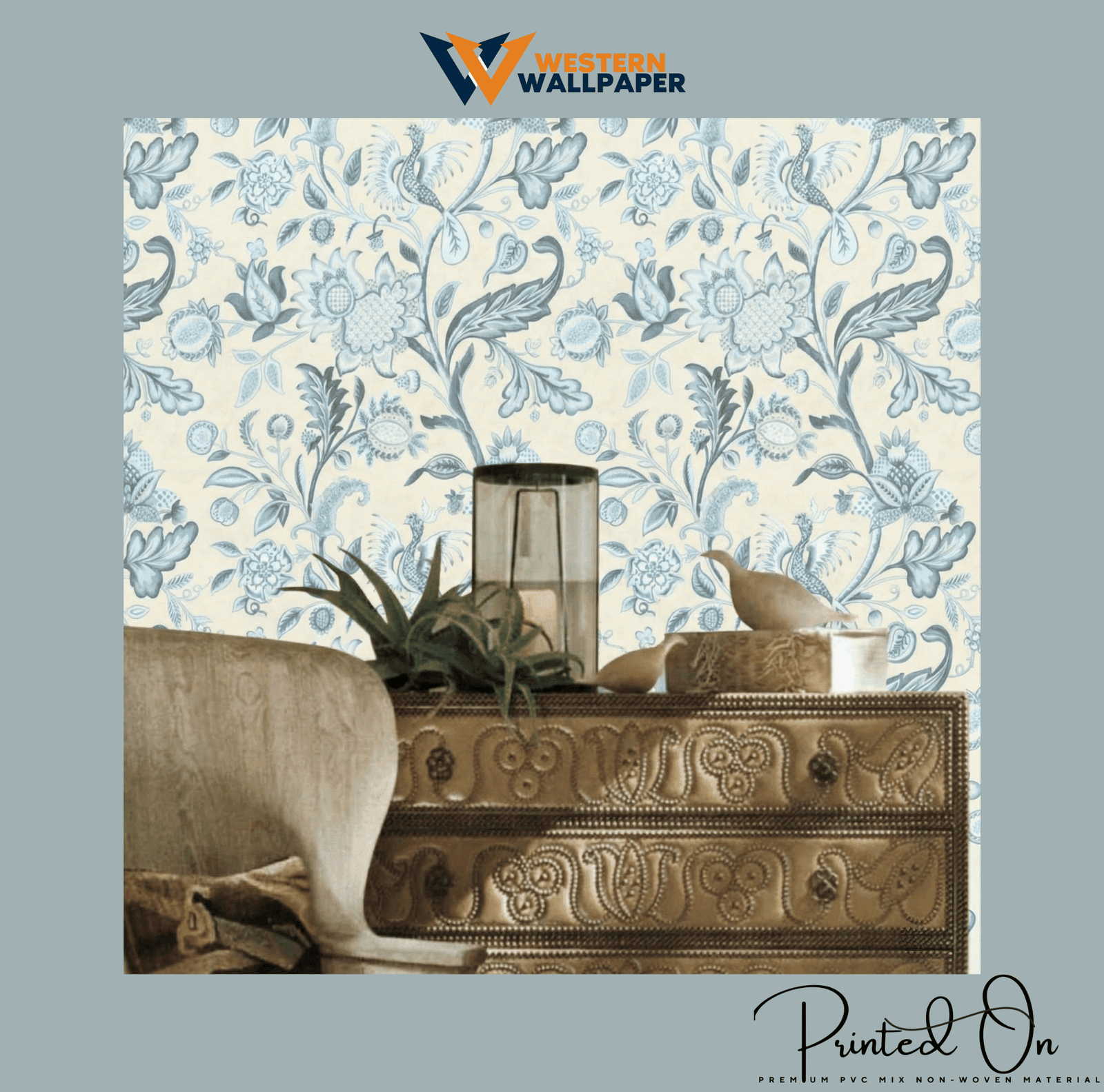 ORNATE CHINTZ BOTANICAL WALLPAPER IN CERULEAN AND SAND FOR A SERENE ARTISANAL LIVING SPACE