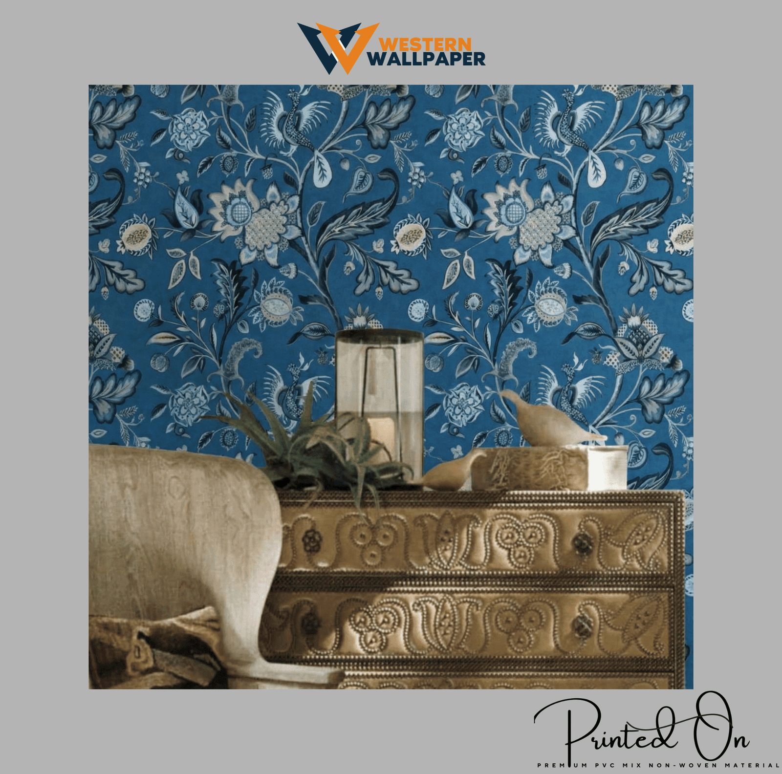 ORNATE CHINTZ BOTANICAL WALLPAPER IN INDIGO AND SLATE FOR A VIBRANT ARTISANAL FOYER