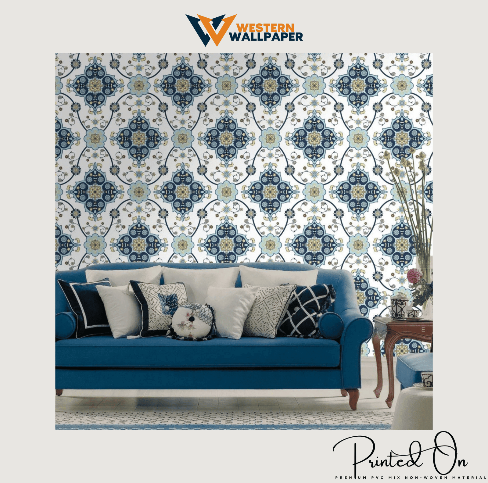 ORNATE GEOMETRIC MEDALLION WALLPAPER IN NAVY AND GOLD FOR A REFINED CONTEMPORARY LIVING SPACE